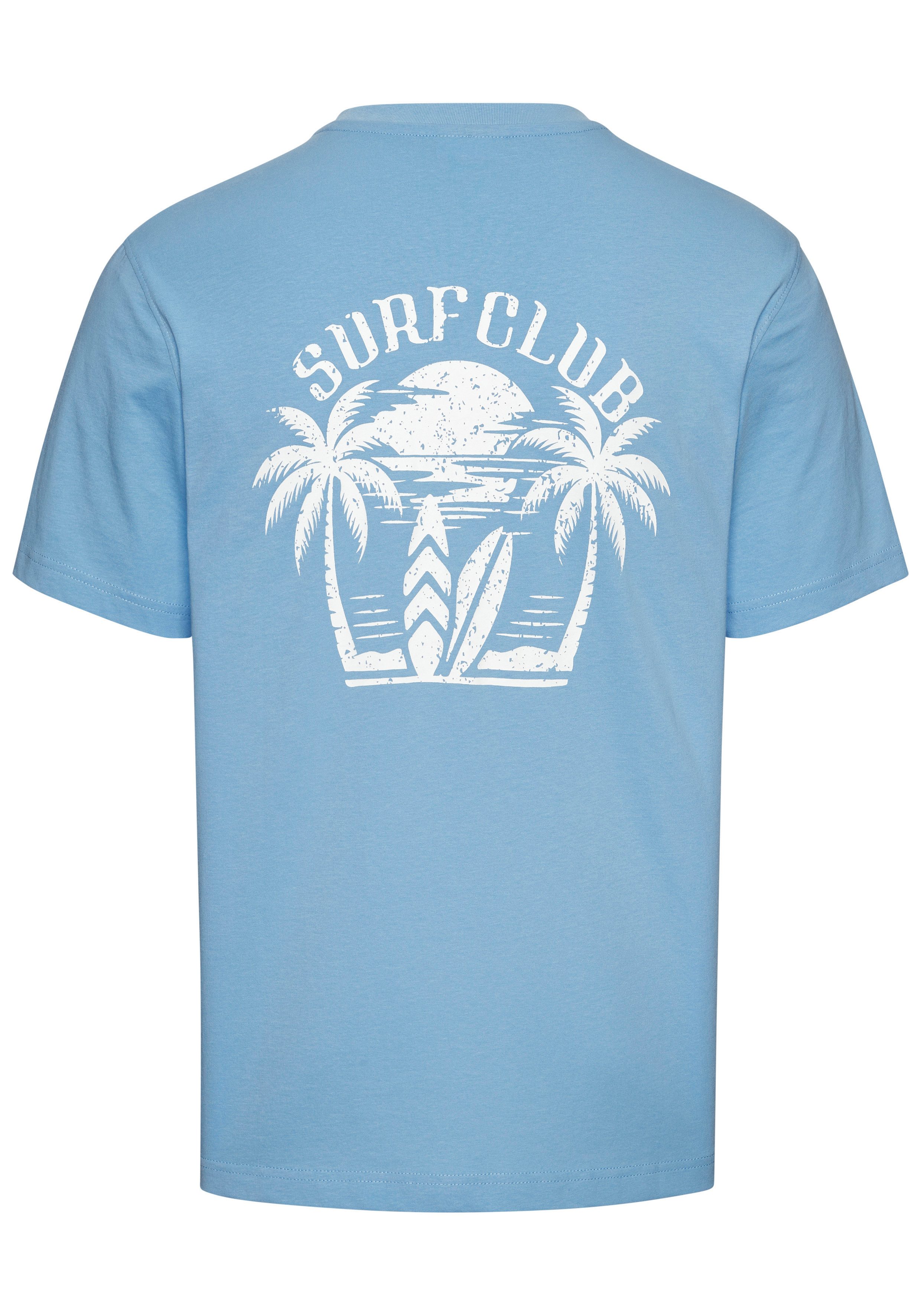 Beachtime T-Shirt, sommerliches Shirt mit modischem Surfer Print Regular-Fit, mit kleinem Print vorn und großem Print hinten