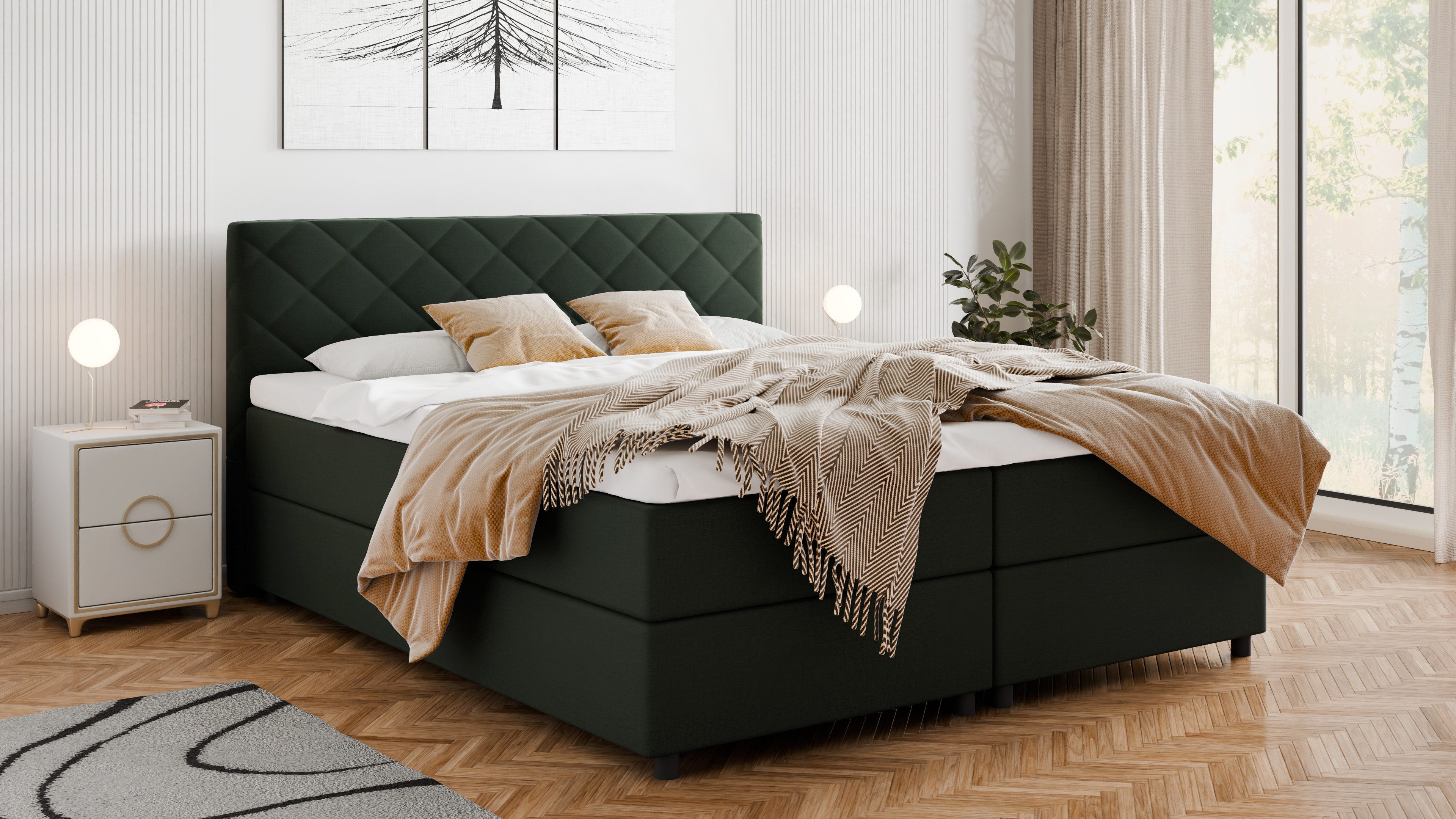 Homesy Boxbett DIAMARO (Boxspringbett inkl. integrierter Matratze und Topper), Praktischer Stauraum mit seitlicher Öffnung