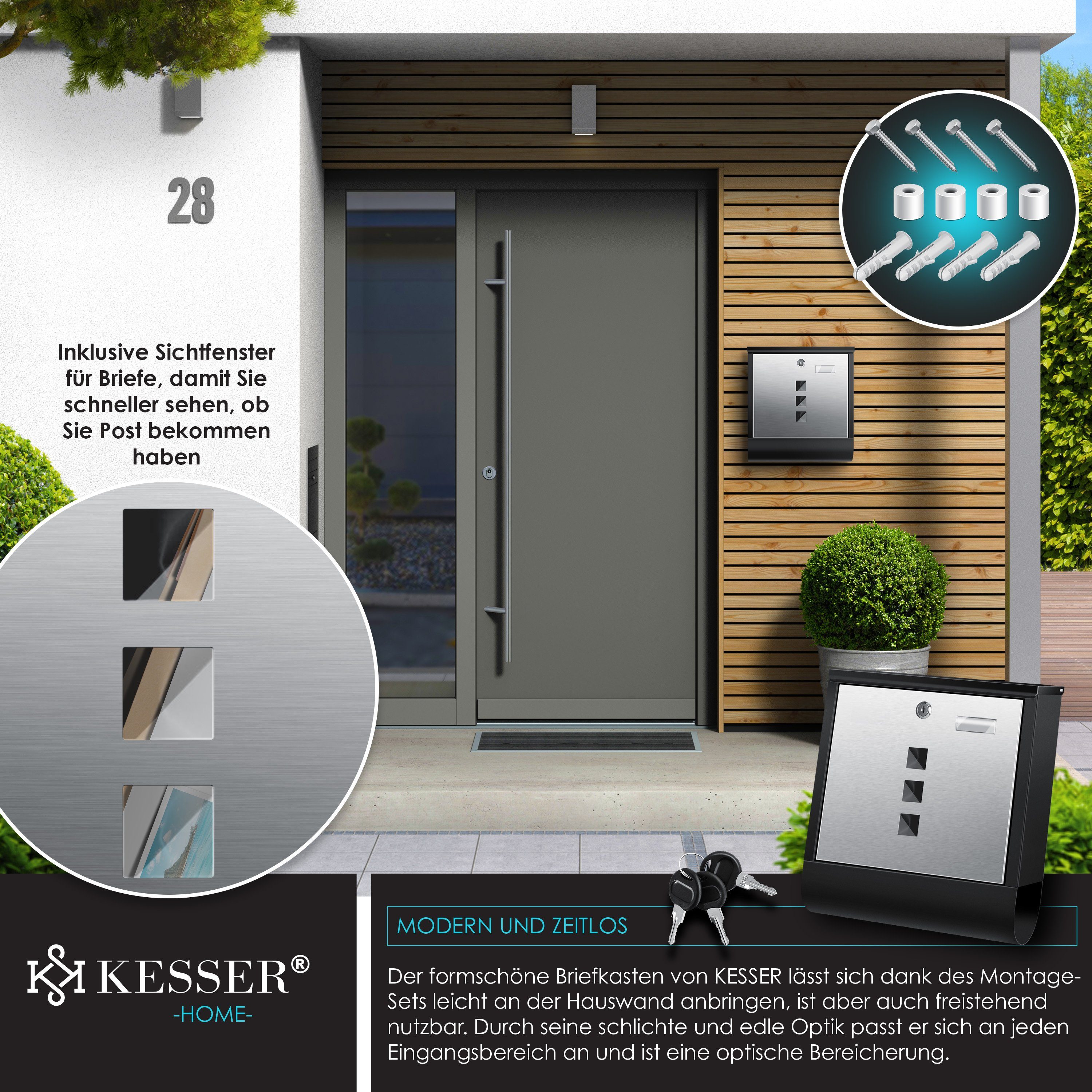 KESSER Briefkasten aus Edelstahl mit Zeitungsfach, 3x Schlüssel & Wandmontage-Material, (Pulverbeschichtet & gebürstet) mit Namensschild & Sichtfenster – Bild 5 von 5