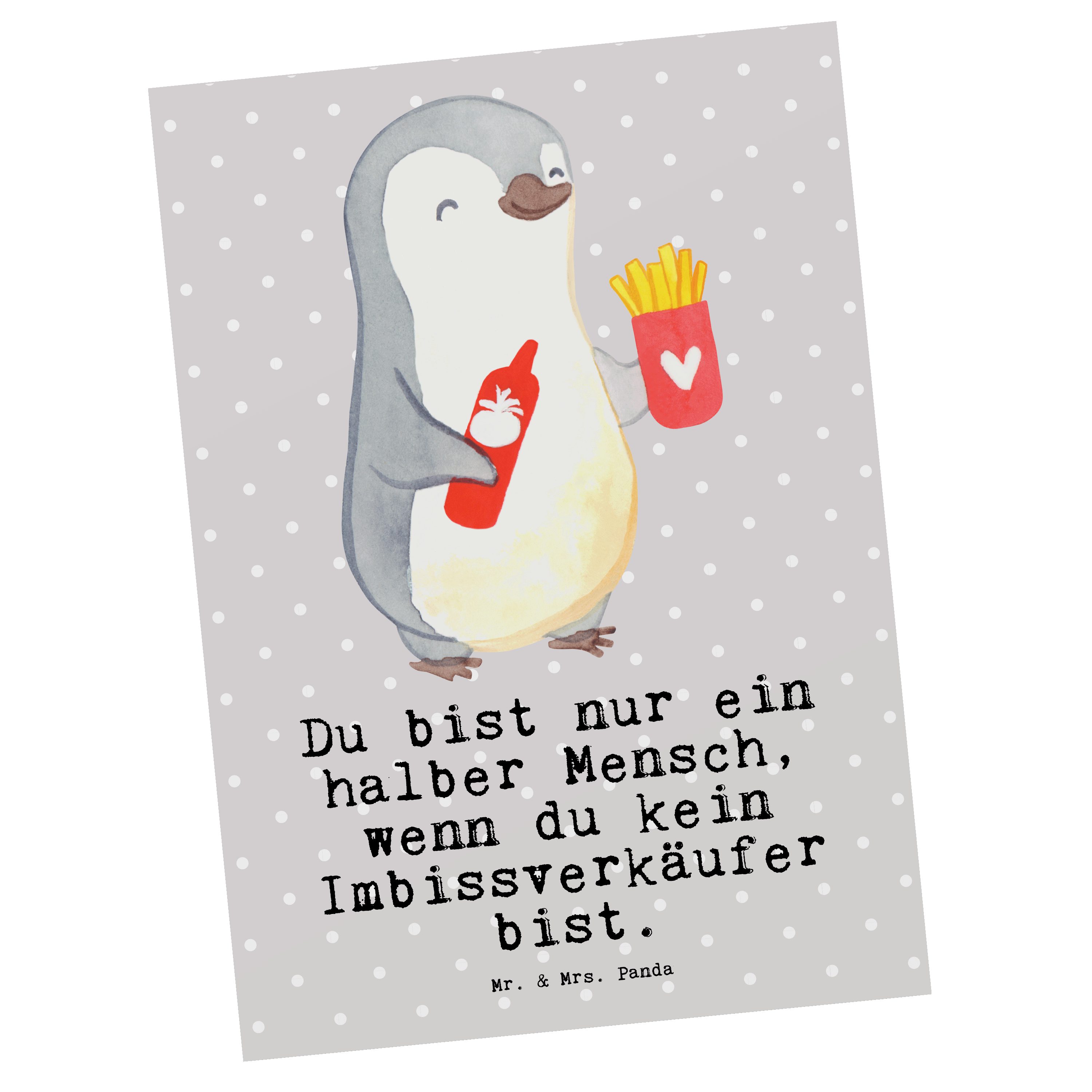 Mr. & Mrs. Panda - Herz Pastell Imbissverkäufer mit - Grau Geschenk, Fast Pommesliebe, Postkarte
