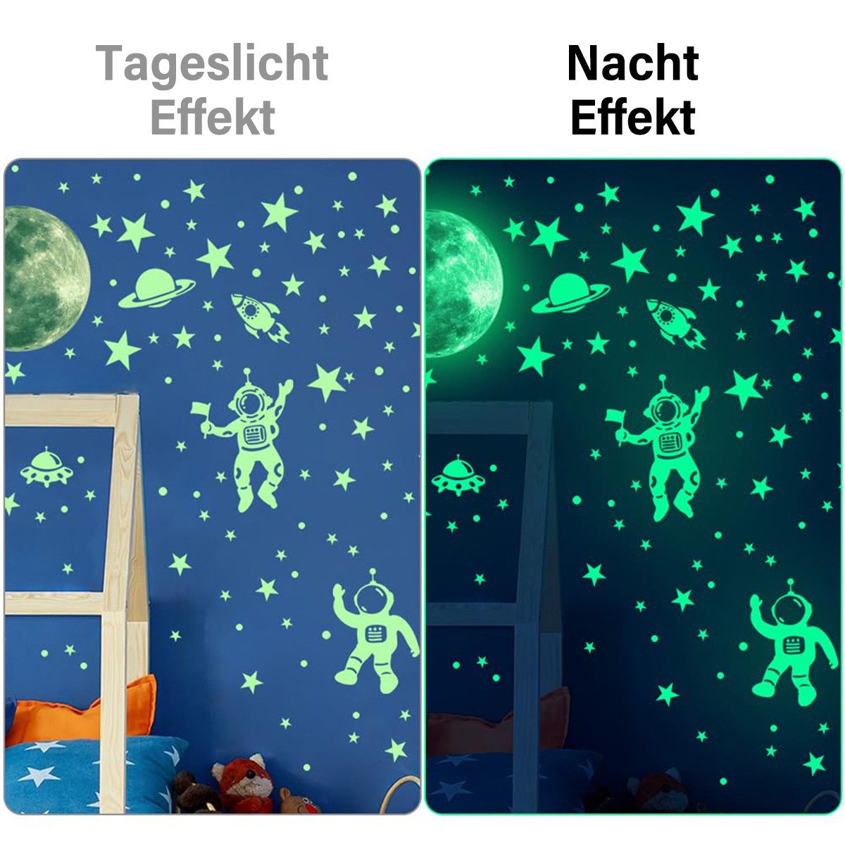 MOPUEA Wandtattoo Dekorative Wandaufkleber, Blumen Fenster Wandsticker Pflanzen/Sterne (Wanddeko Modern Leuchtsticker für Kinderzimmer Schlafzimmer Wohnzimmer, Leuchtmond fluoreszierend Astronaut Mond leuchtend Aufkleber), Selbstklebende dekorative Wandaufkleber 21*29cm*1+19*19cm*1