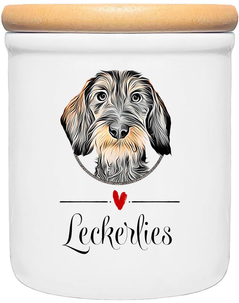 Cadouri Vorratsdose RAUHAARDACKEL - Leckerlidose Hund - für Hundekekse, Keramik, (Leckerlidose mit Hunderasse, 2-tlg., 1x Keramikdose mit Holzdeckel), Hundekeksdose, handgefertigt in Deutschland, für Hundebesitzer, 400 ml