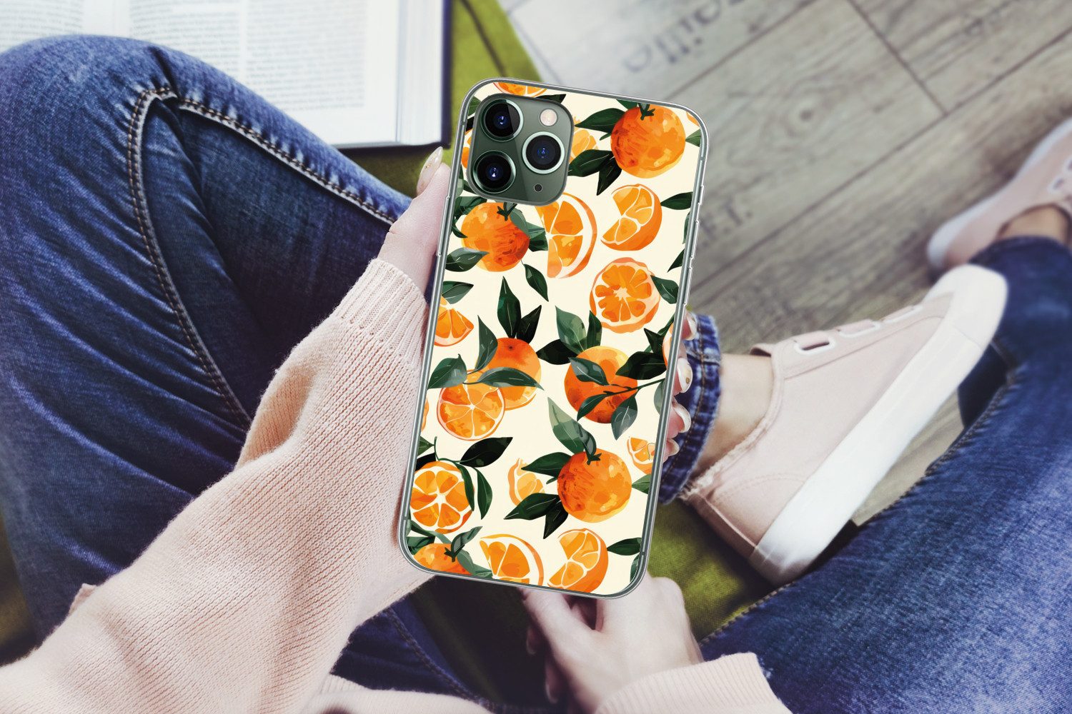 MuchoWow Handyhülle für Apple iPhone 11 Pro Max Orangen - Früchte - Blätter - Orange - Grü, Smartphone-Bumper, Print, Handy Schutzhülle Dünn