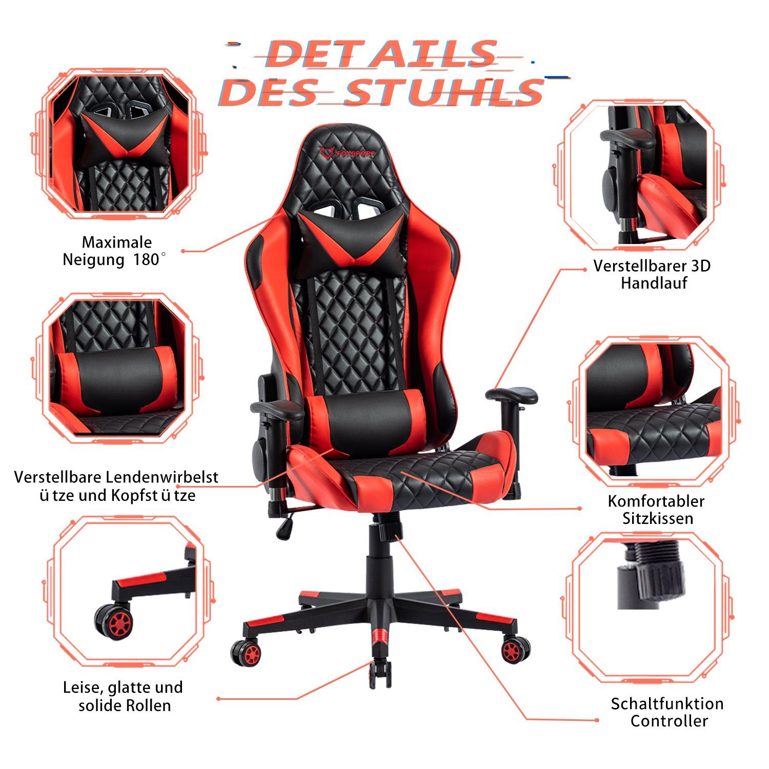 Stuhl rot Höhe Neigungswinkel Comfort verstellbar, und Gaming-Stuhl Ergonomischer (Professioneller Gaming Ergonomischer Seven Rahmen Gamingstuhl),