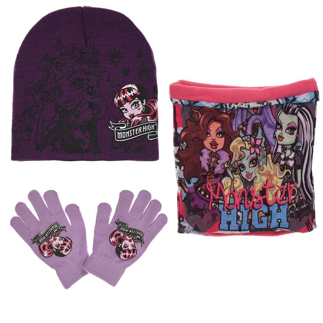 Monster High Schlupfmütze Monster High Girls 3tlg Set Kinder Mütze Wintermütze Handschuhe Loop Gr. 52 bis 54 Lila-02