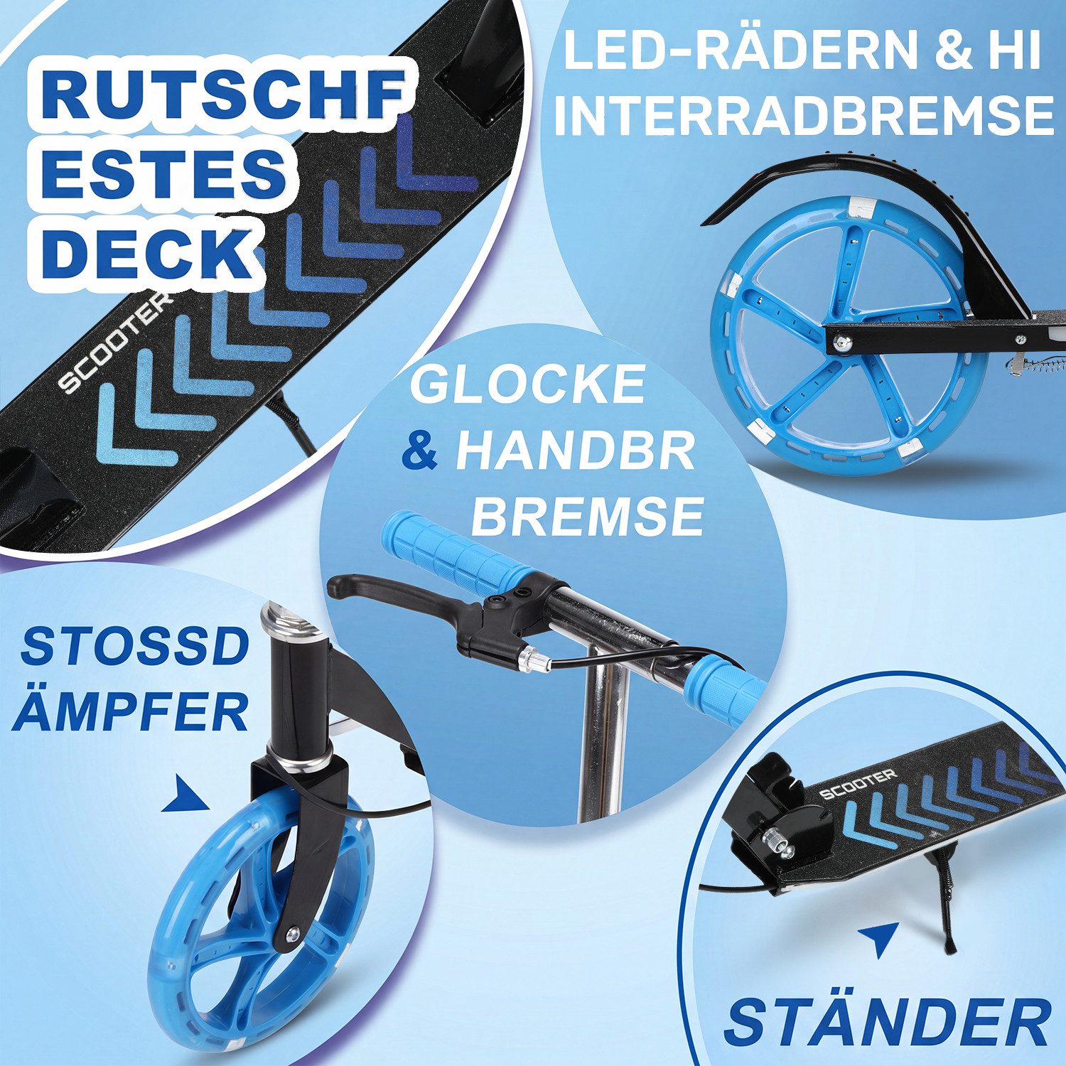 oyajia Tretroller LED-Reifen, faltbar, höhenverstellbar, inkl.Bremsen 100 kg, (LED-Reifen: Leuchten während der Fahrt, für mehr Sichtbarkeit und Spaß), für Jugendliche & Erwachsene