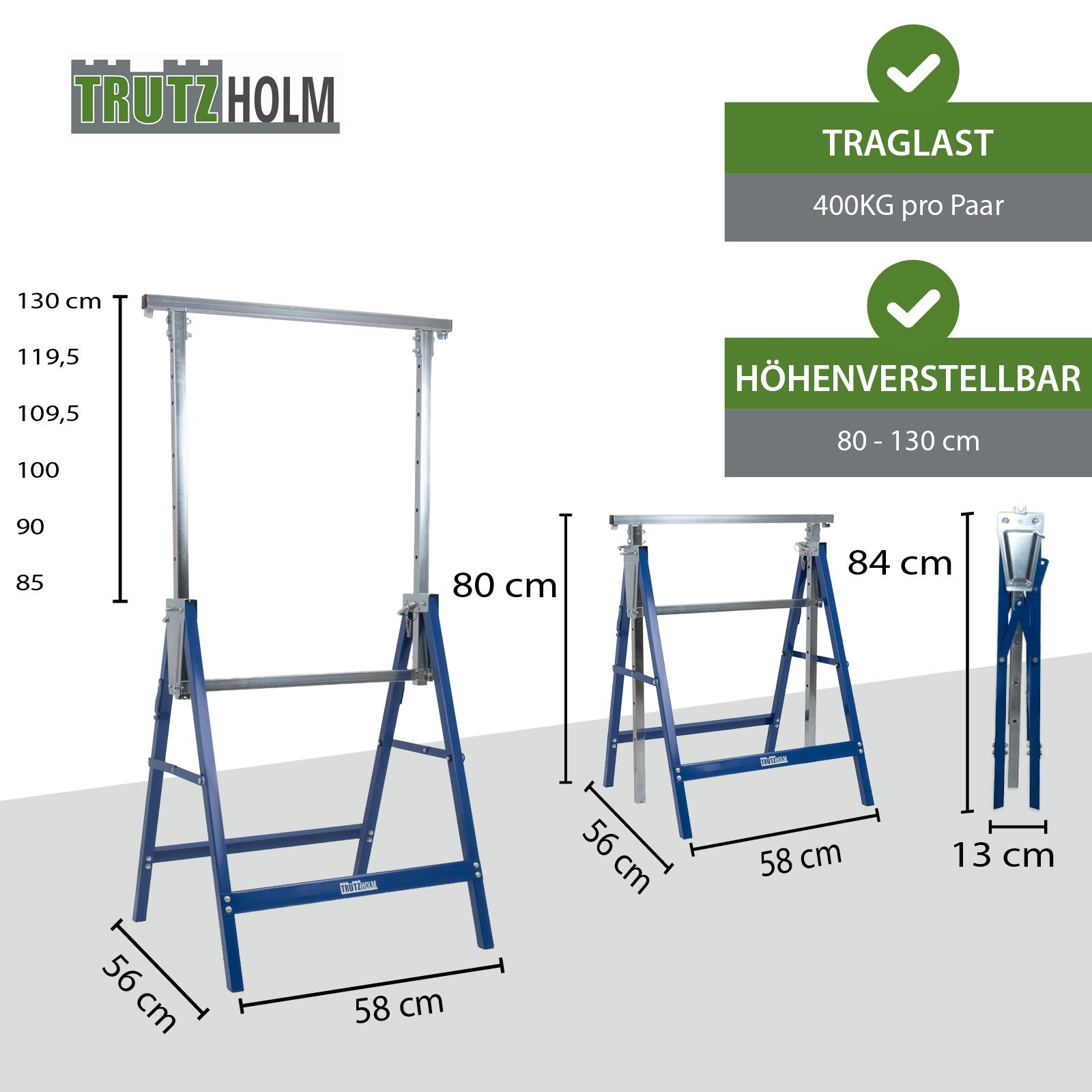 TRUTZHOLM Unterstellbock 2x Arbeitsbock 7-fach höhenverstellbar bis 400 kg Stahl verzinkt, 400 kg max. Belastbarkeit, (2-St., 2er-Set), Klappbar,höhenverstellbar 80–130 cm,verzinkter Stahl,hohe Stabilität