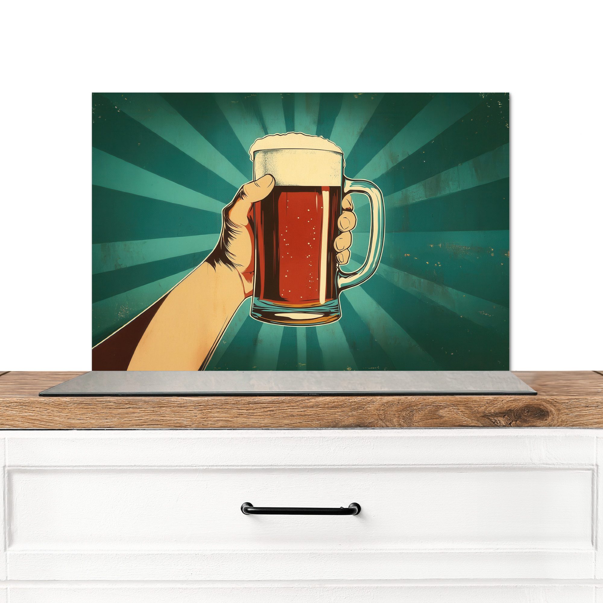 KitchenYeah Küchenrückwand Bierglas - Schaumstoff - Retro - Grün, (1-tlg), Spritzschutz Küchenwand hinter Herd, 70x50 cm