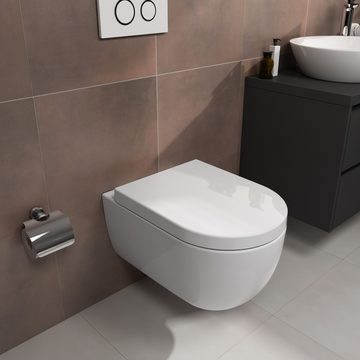 Aqua Bagno Tiefspül-WC Tiefspüler, spülrandlos, weiß, Sitz mit softclose, hängend, wandhängend, Abgang waagerecht