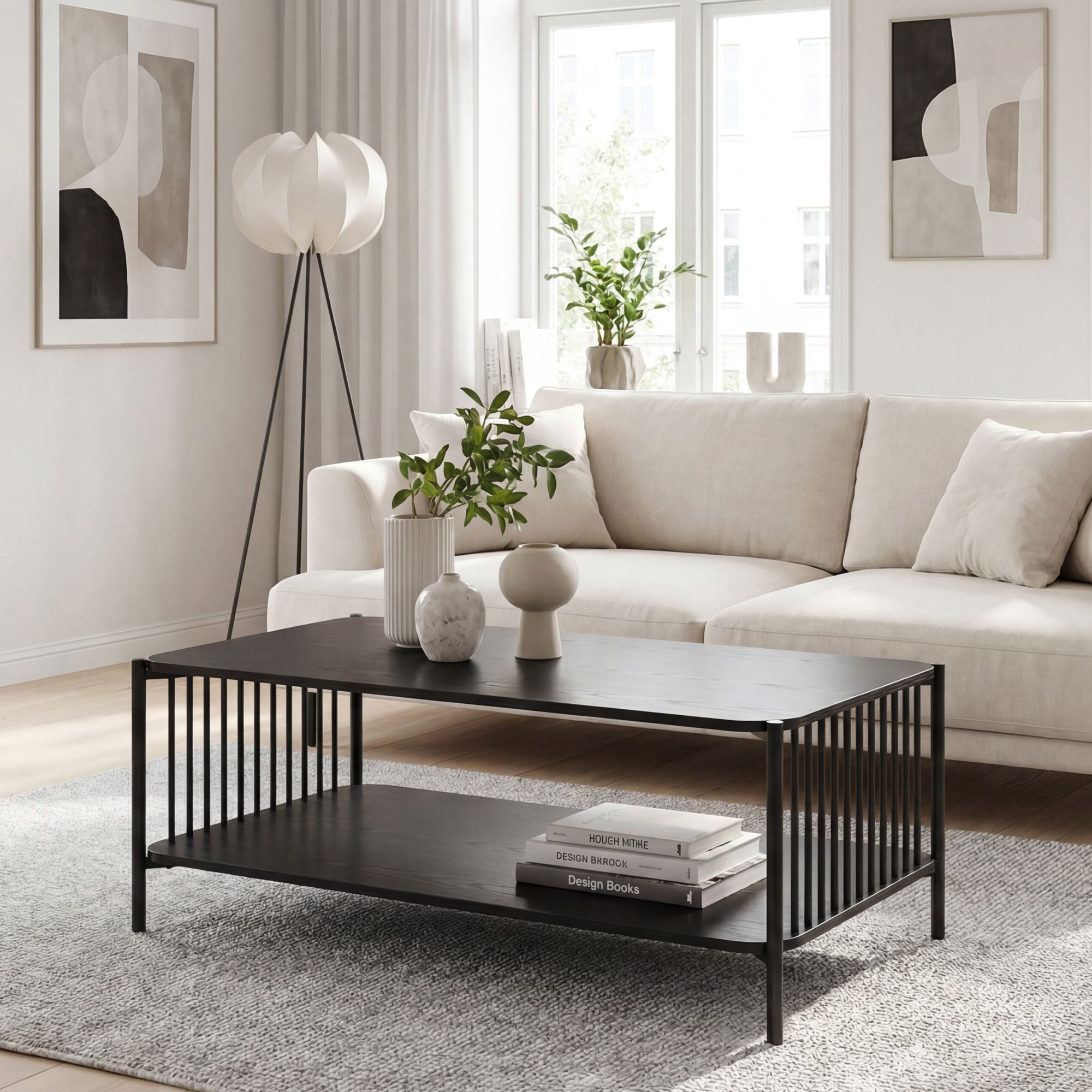 FINEBUY Couchtisch FB117145 Sofatisch 110cm Schwarz Eiche Optik Wohnzimmertisch Ablage (Moderner Wohnzimmertisch im coolen Loft-Design), Großzügige Ablagefläche für Zeitschriften & mehr
