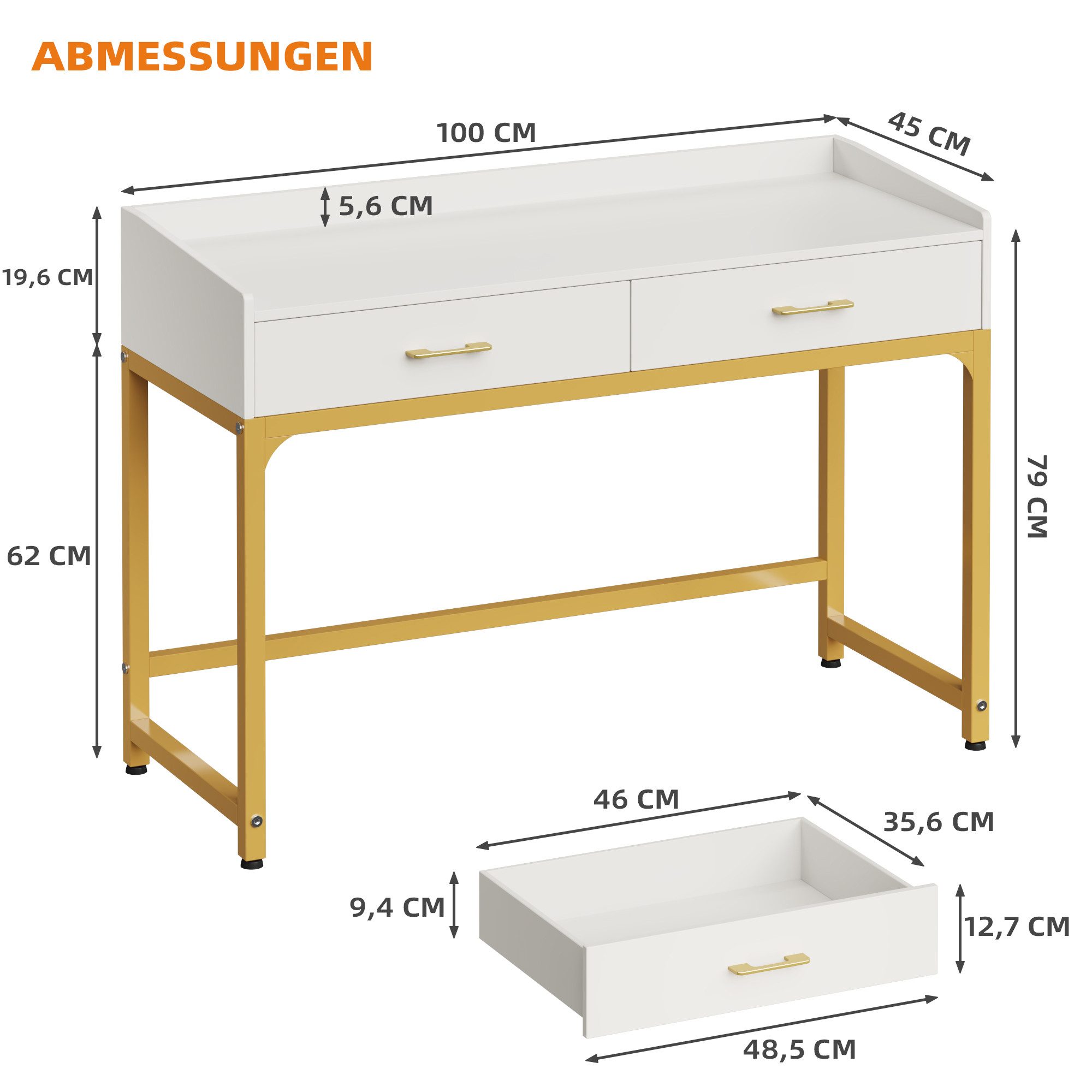 OYRREU Schminktisch mit Rückwand & 2 Schubladen, Gold-Metallgestell, Breite 100 cm (Kosmetiktisch, Set, Frisiertisch schmal, mit Kippschutz, Arbeitstisch), freistehender Tisch, Ankleidezimmer