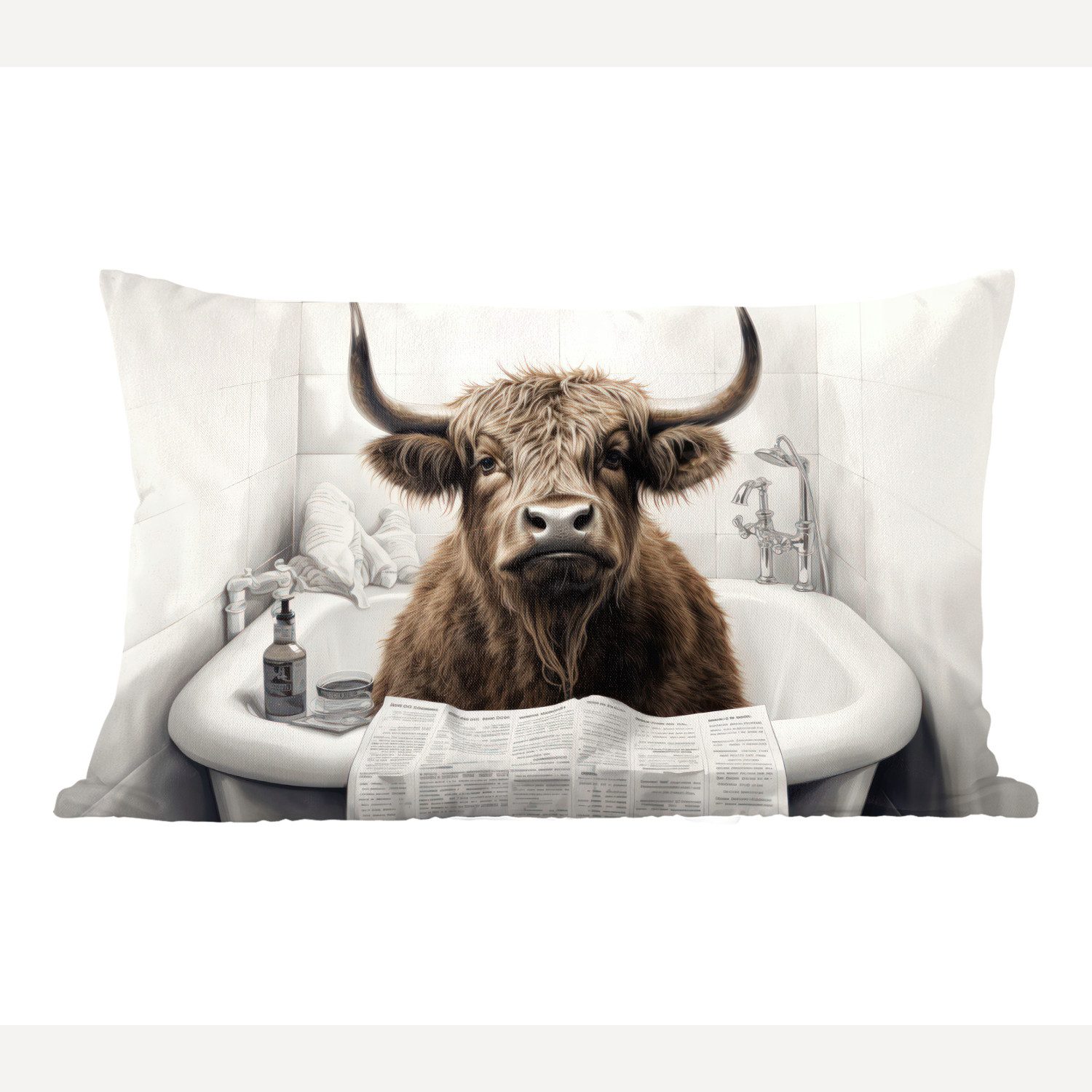 MuchoWow Dekokissen Schottischer Highlander - Badewanne - Badezimmer - Zeitung, Dekoration, Zierkissen, Kissen mit Füllung, 50x30 cm