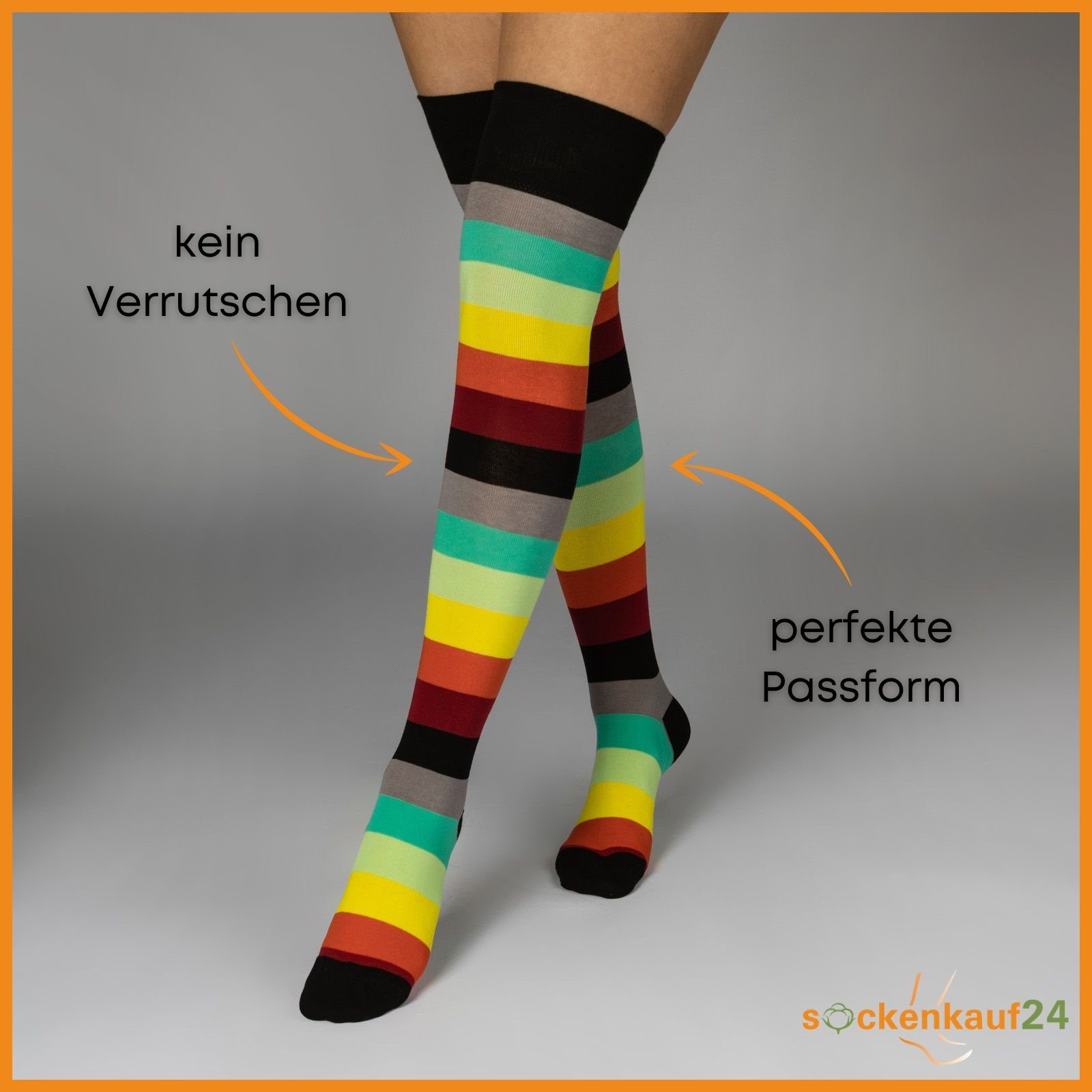 sockenkauf24 Overknees 2 Paar Overknee Strümpfe Damen Kniestrümpfe (Bunte Ringel, 35-38) Schwarz Bunt Ringel Baumwolle - 10723 WP