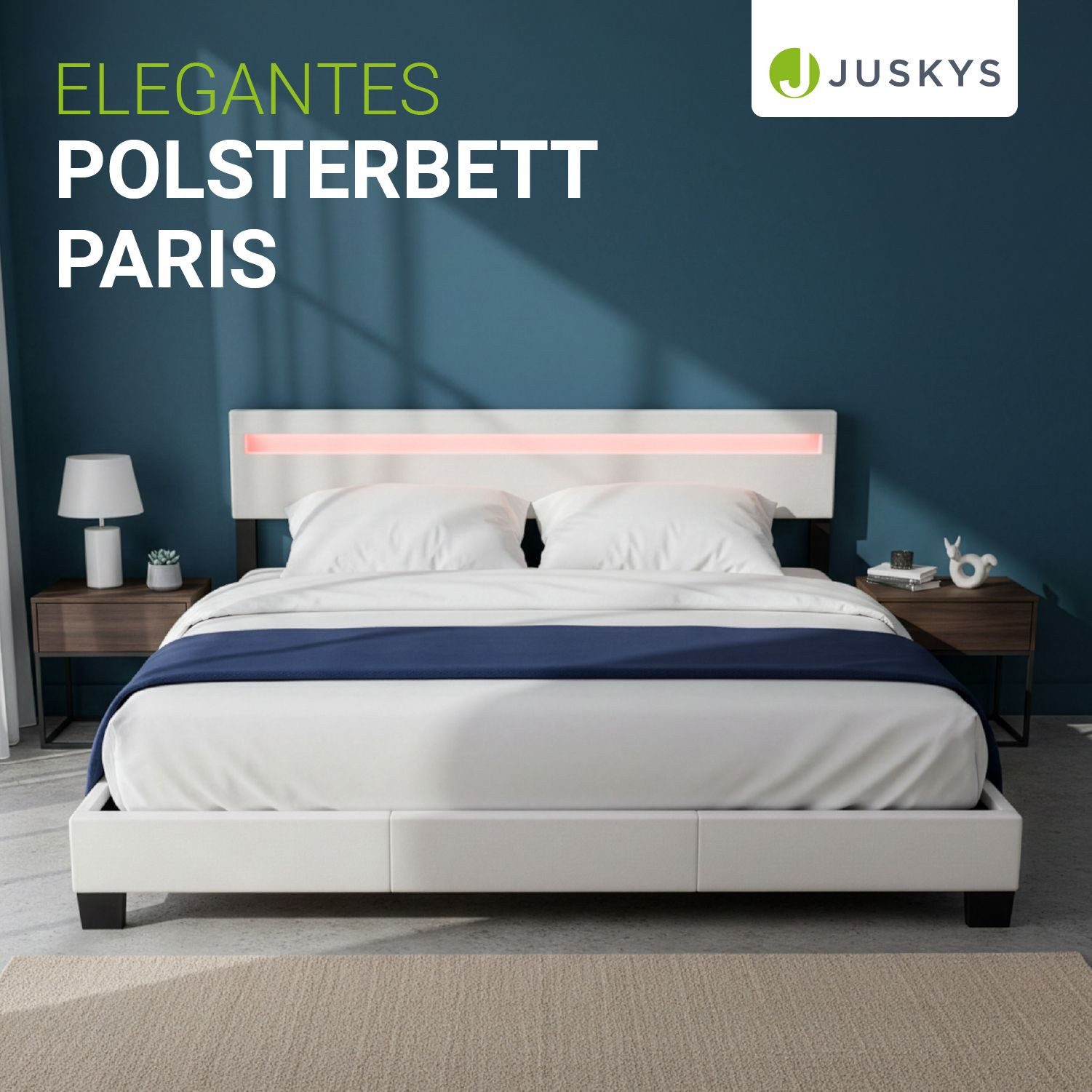 Juskys Polsterbett Paris, 180x200 cm, RGB-LED, Kunstleder, weiches Kopfteil, inkl. Matratze