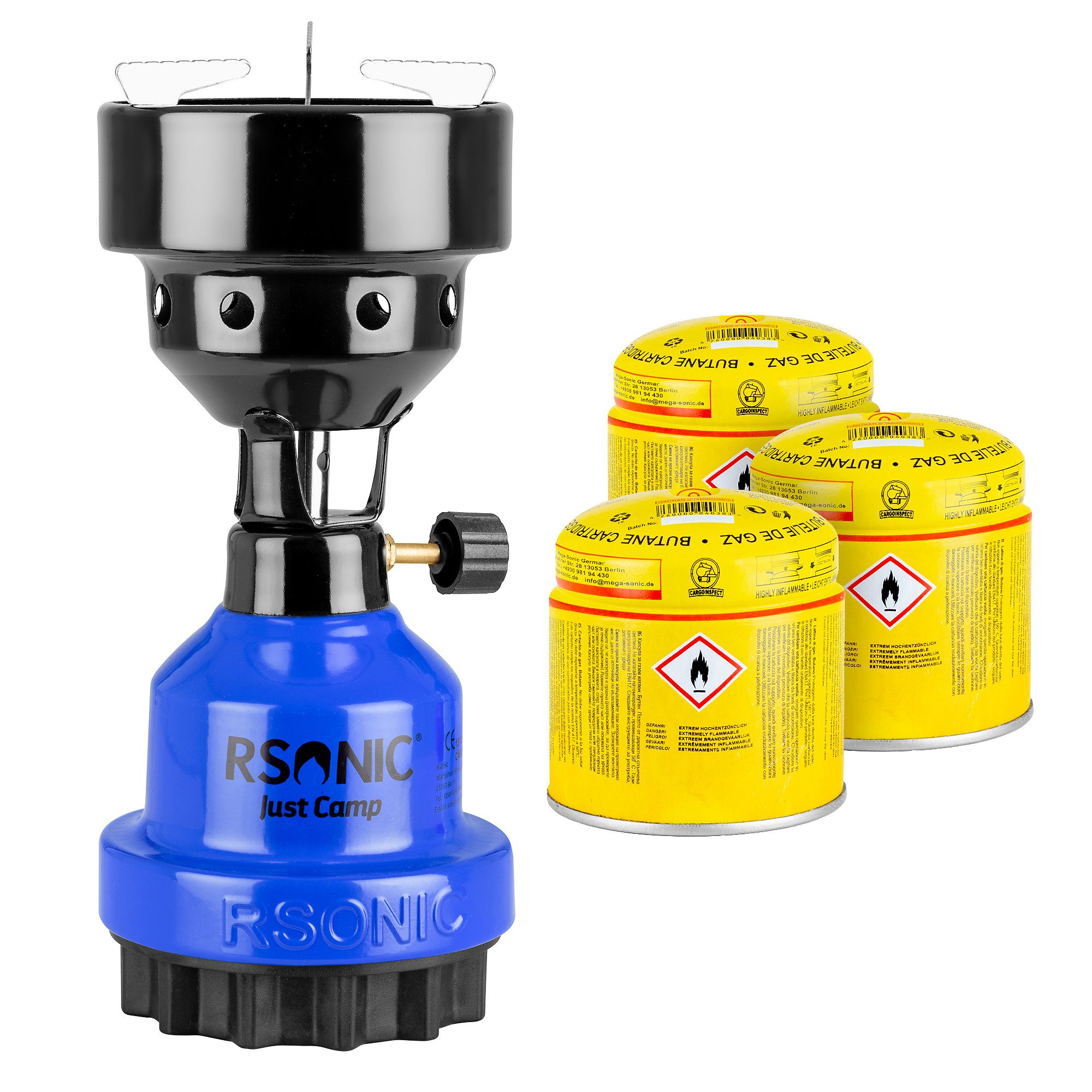 Mianova Camping-Gasgrill Gaskocher + 3 Kartuschen Blau Campingkocher Shisha Kohleanzünder, Metall Kohleanzünder Outdoor Grill Camping Gaskocher für Gas Kartuschen