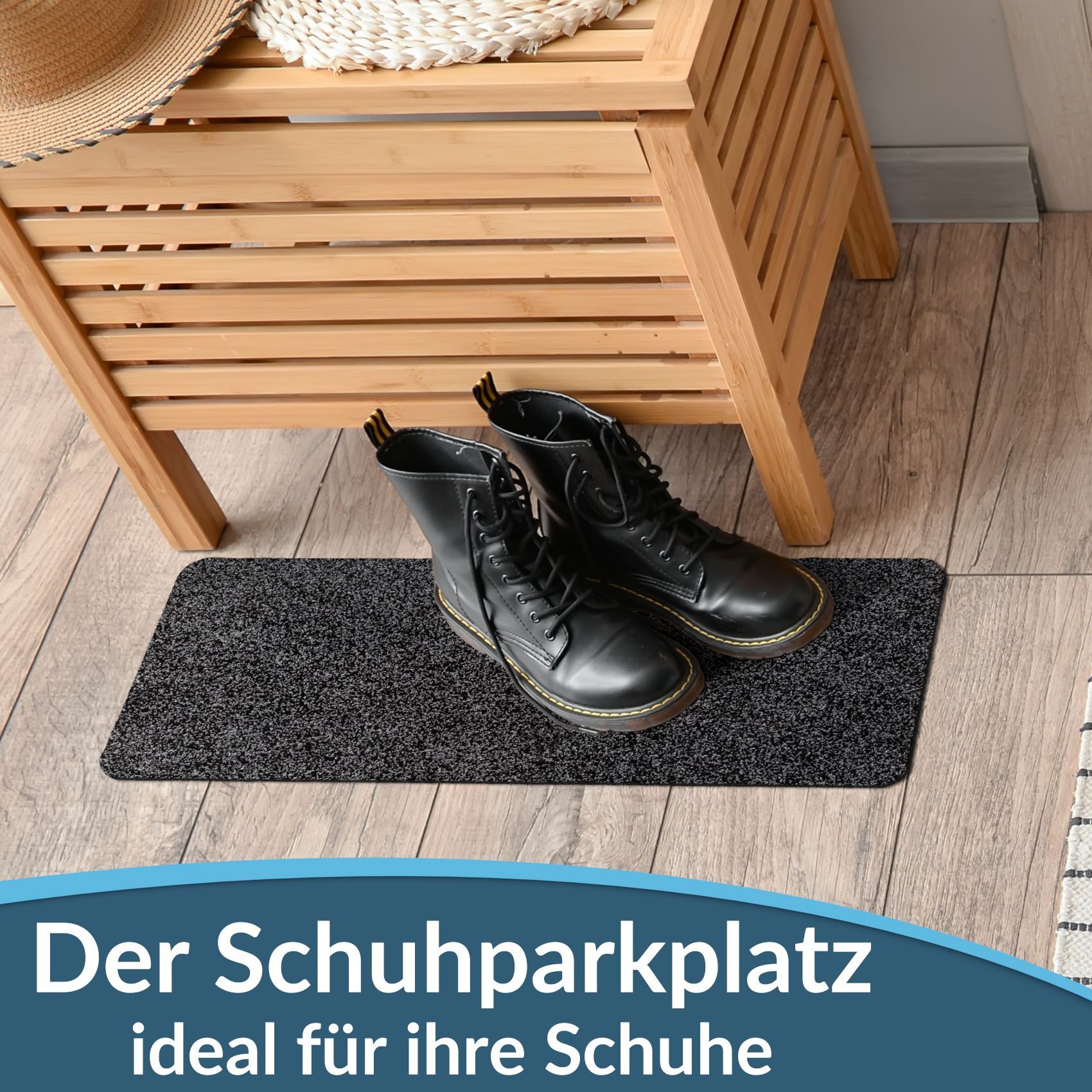 ANRO Fußmatte POET Schuhparkplatz schmal Schmutzfangmatte Unifarben, eckig, Höhe: 3 mm, Schuh-Abstellplatz rutschfest 25x60cm Kräusel Schwarz wasserdicht