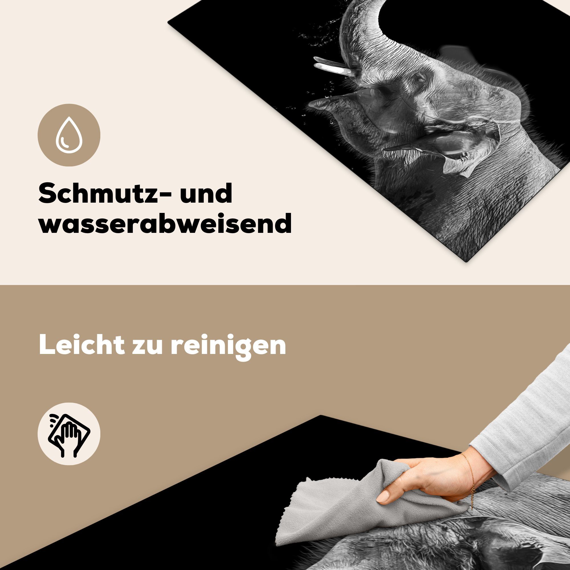 Vinyl, Arbeitsplatte - für und (1 Ceranfeldabdeckung, MuchoWow Porträt Elefant Schwarz - Herdblende-/Abdeckplatte weiß, tlg), küche 77x51 - Tiere cm,