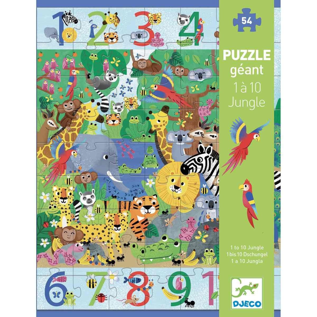 DJECO Puzzle 1 bis 10 Dschungel - 54 Teile Bodenpuzzle für Kinder, 54 Puzzleteile, Bodenpuzzle
