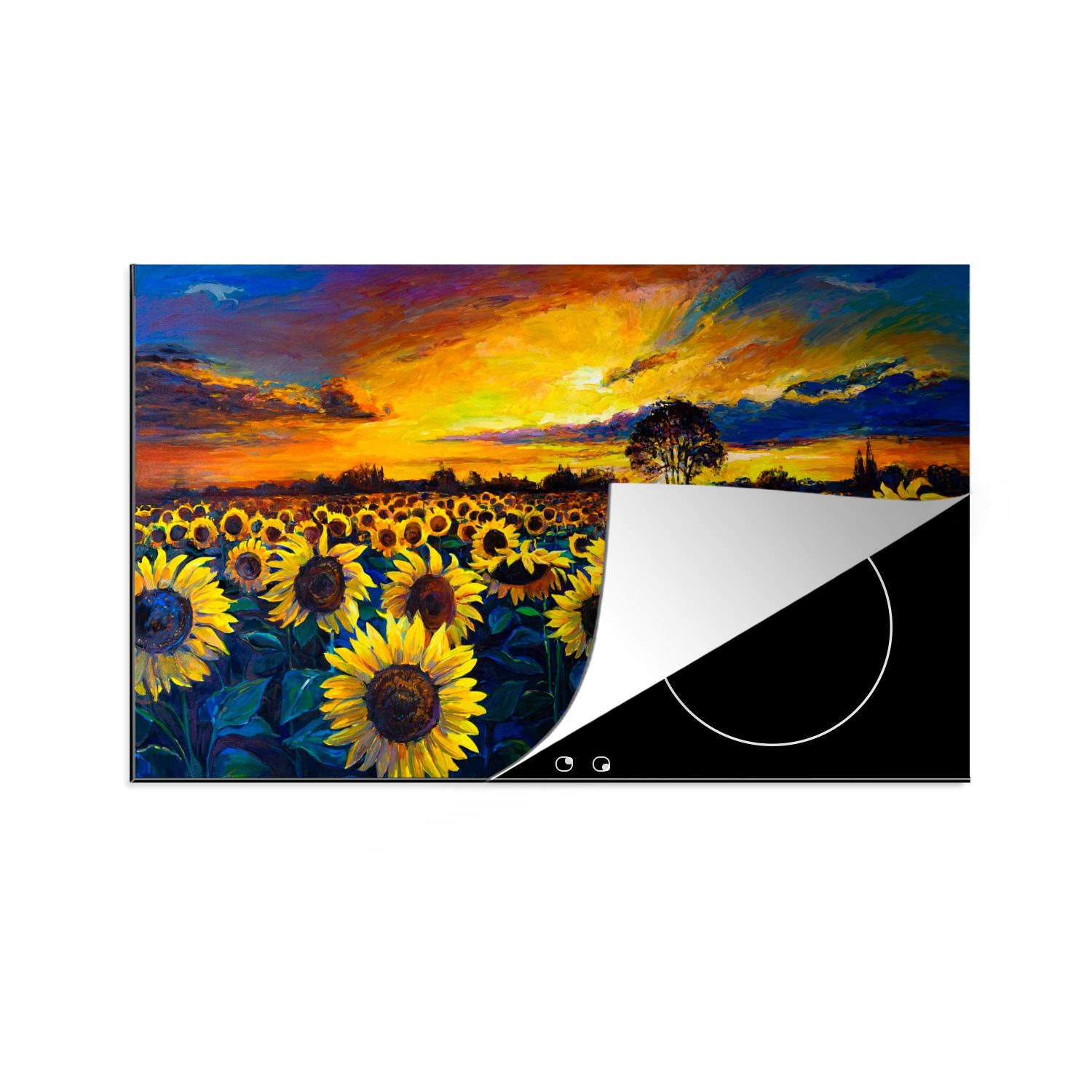 MuchoWow Herdblende-/Abdeckplatte Malerei - Blumen - Ölfarbe - Sonnenblume, Vinyl, (1 tlg), 81x52 cm, Induktionskochfeld Schutz für die küche, Ceranfeldabdeckung