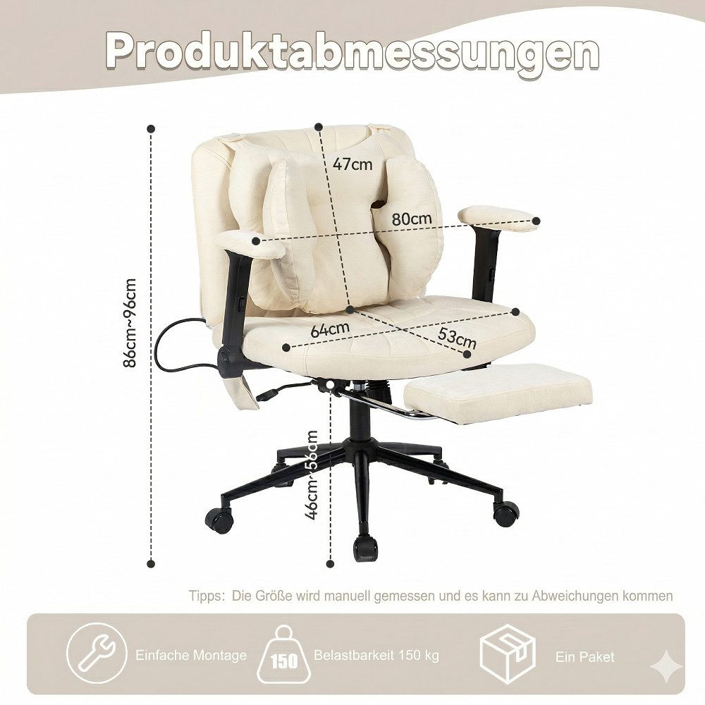Leawin Drehstuhl Ergonomischer Bürostuhl mit Air-Lordosenstütze & breitem Sitz, Bequemer Schreibtischstuhl mit Rollen, weich gepolstert, 150 kg