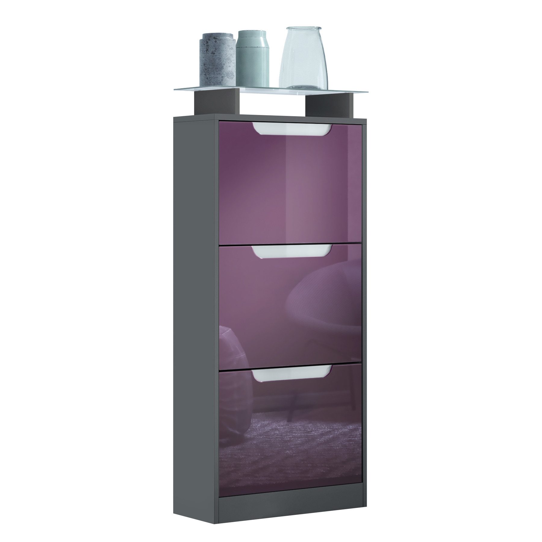 Vladon Schuhschrank Space V2 (Schuhkipper, für 12 Paar Schuhe mit 3 Klappen und Glasablage) Anthrazit matt/Brombeer Hochglanz (46 x 128 x 23 cm)