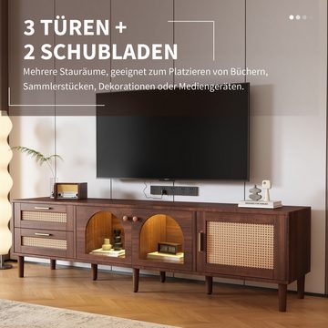 MODFU TV-Schrank Lowboard (mit LED-Beleuchtung) 2 Rattan-Schubladen, 2 gewölbten Glastüren, 1 Rattan-Tür