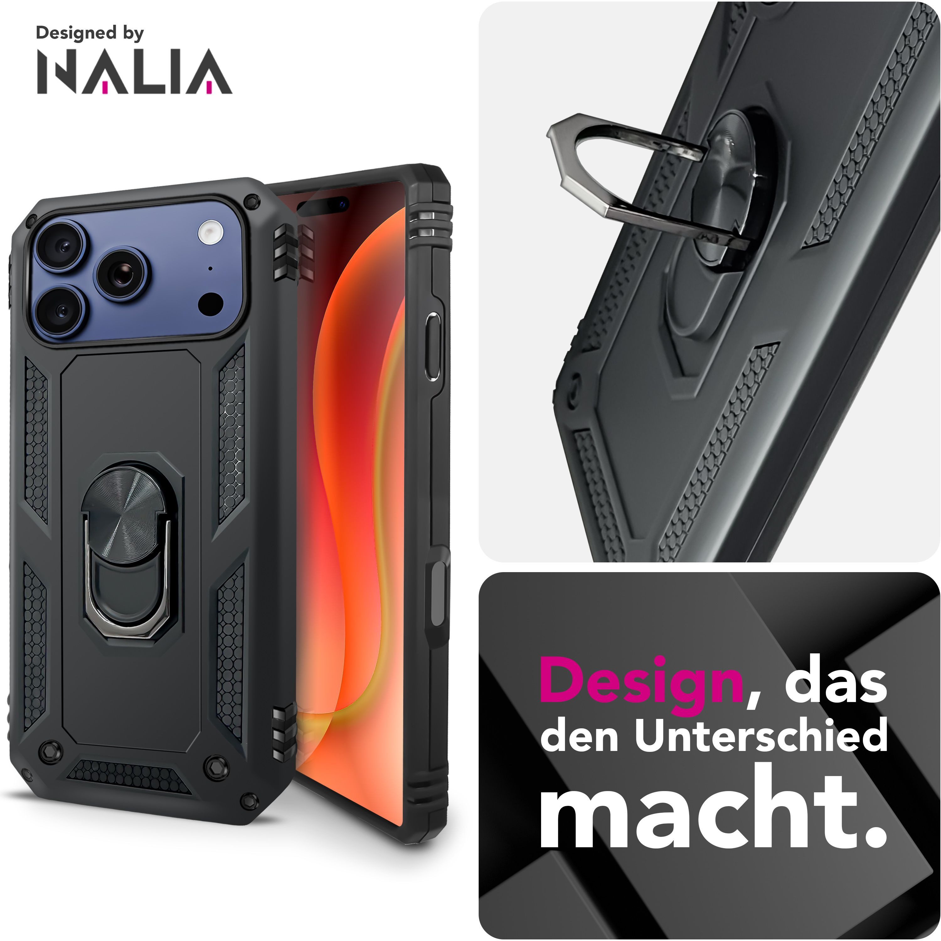 Nalia Smartphone-Hülle Apple iPhone 18 Pro Apple iPhone 17 Pro 16 cm (6,3 Zoll), Hülle mit Ring / Extrem Robust / Fallschutz / Ständer / Military Style – Bild 4 von 5