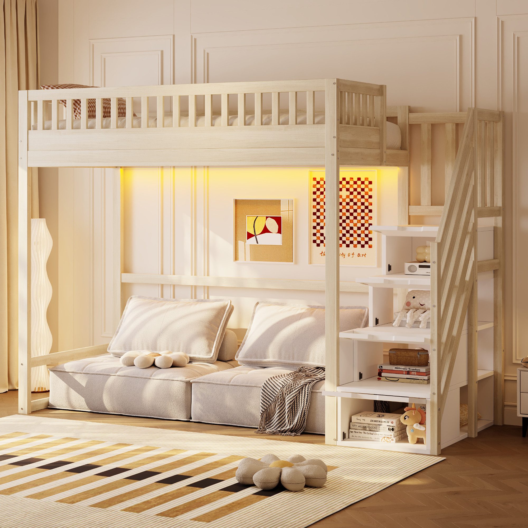 REDOM Hochbett mit Sicherheitsleiter und LED-Lichtleiste (austauschbare Sicherheitsleitern, Kinderbett für mehr Sicherheit, Einzelbett, 90x200 cm) ohne Matratze