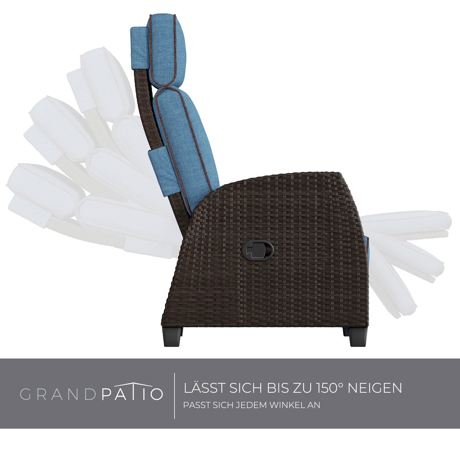 patio einstellbar Beistelltisch, Grad Grand Dunkelbraun mit Sitzkissen, Rückenlehne aus | 150 Gartensessel Blau PE-Rattan, mit