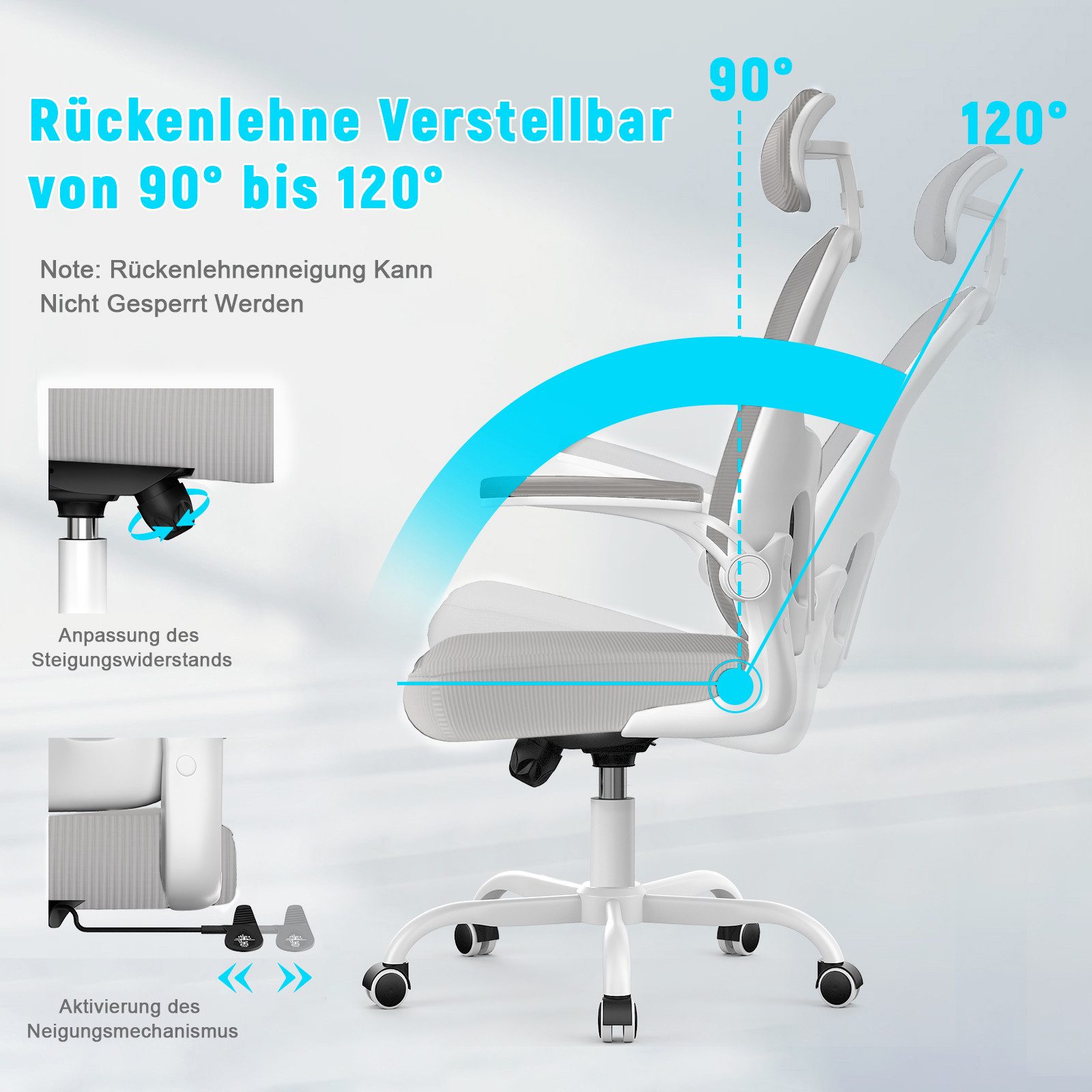ZAISZE Bürostuhl Ergonomischer Bürostuhl mit Netzbezug und klappbaren Armlehnen (Spar-Set), Einstellbarer für maximale Bewegungsfreiheit – Bild 3 von 5
