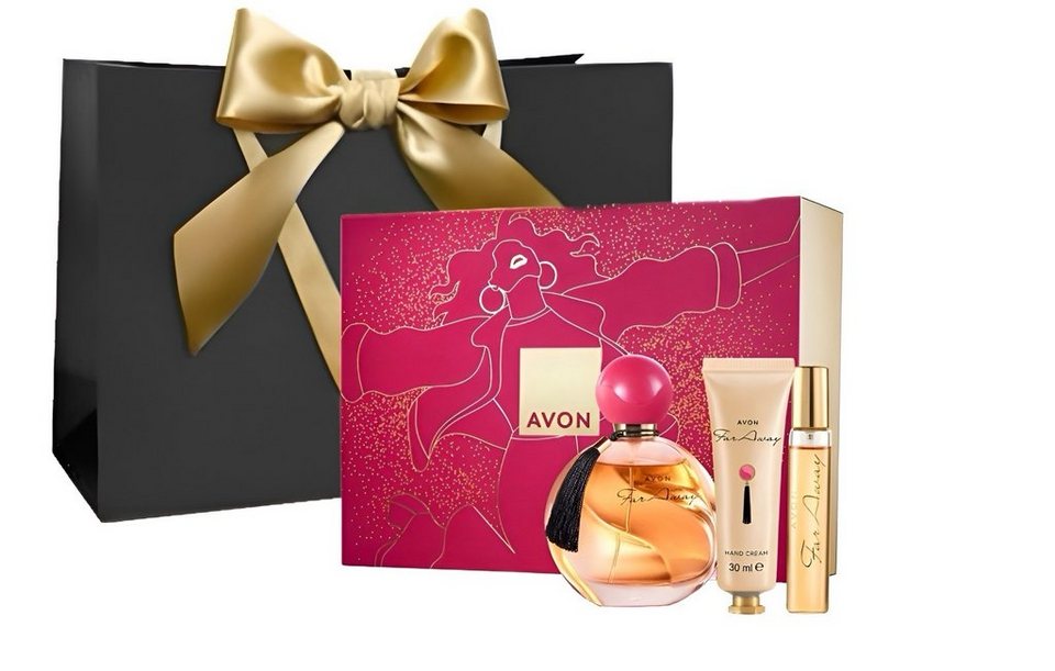 AVON Cosmetics Eau de Parfum Geschenkbox Far Away Duft Geschenkset  Hautpflege für Damen 3 tlg, 3-tlg., Parfum 50 ml, Taschenspray 10 ml,  Handcreme 30 ml