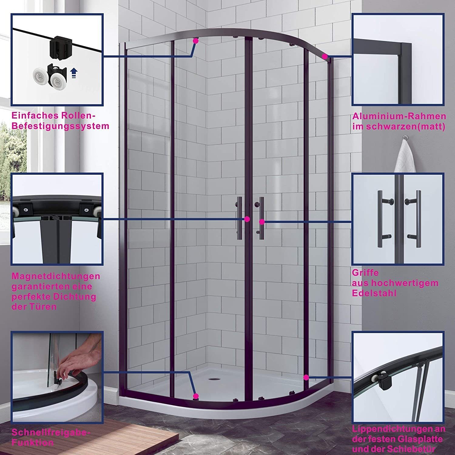 AQUABATOS Runddusche Duschkabine schwarz Viertelkreis Eckdusche Schiebetür Eckeinstieg, BxT: 80x80 cm, Nano Beschichtung, Verstellbereich,Einscheibensicherheits – Bild 4 von 5
