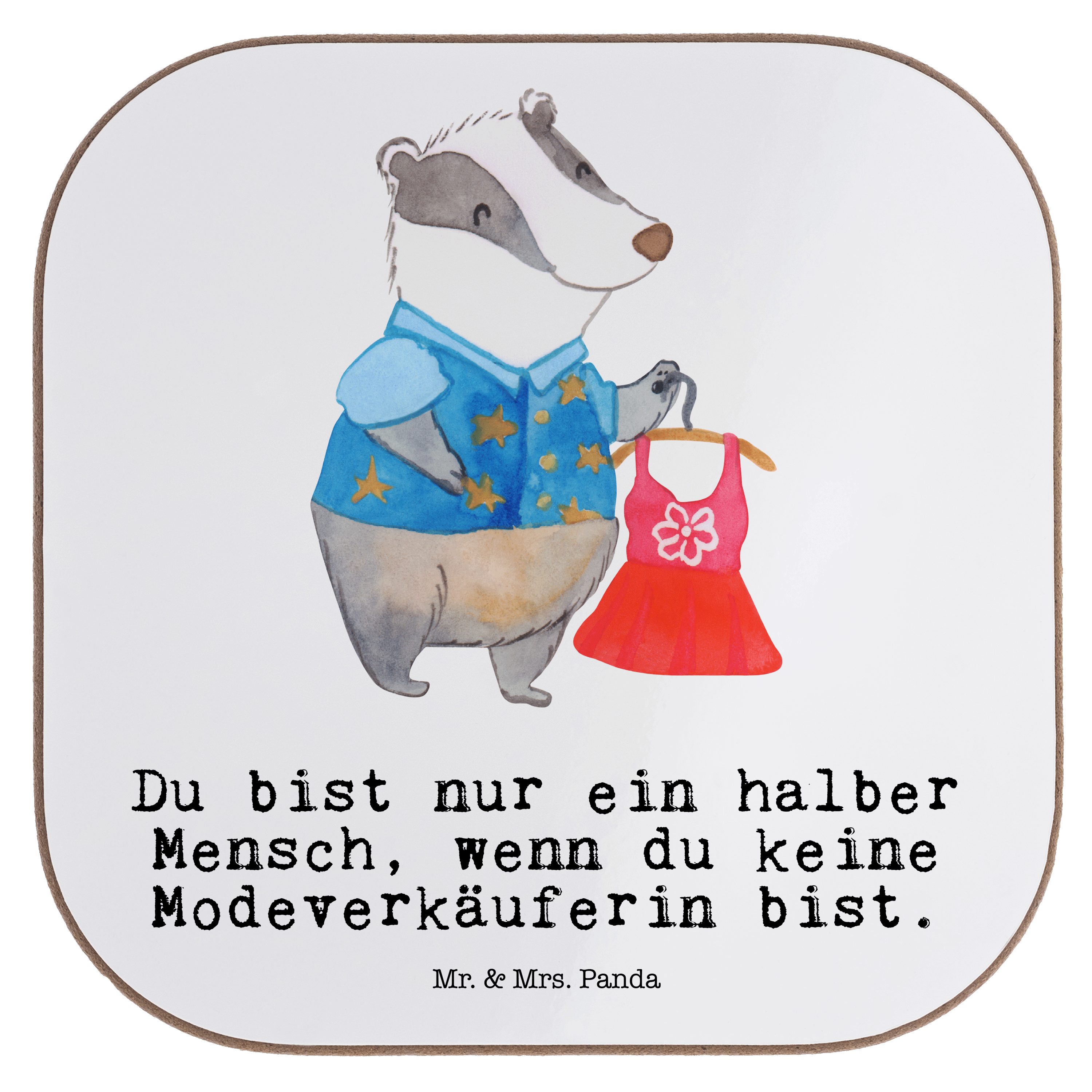 Mr. & Mrs. Panda Getränkeuntersetzer Modeverkäuferin mit Herz - Weiß - Geschenk, Getränkeuntersetzer, Dank, 1-tlg.