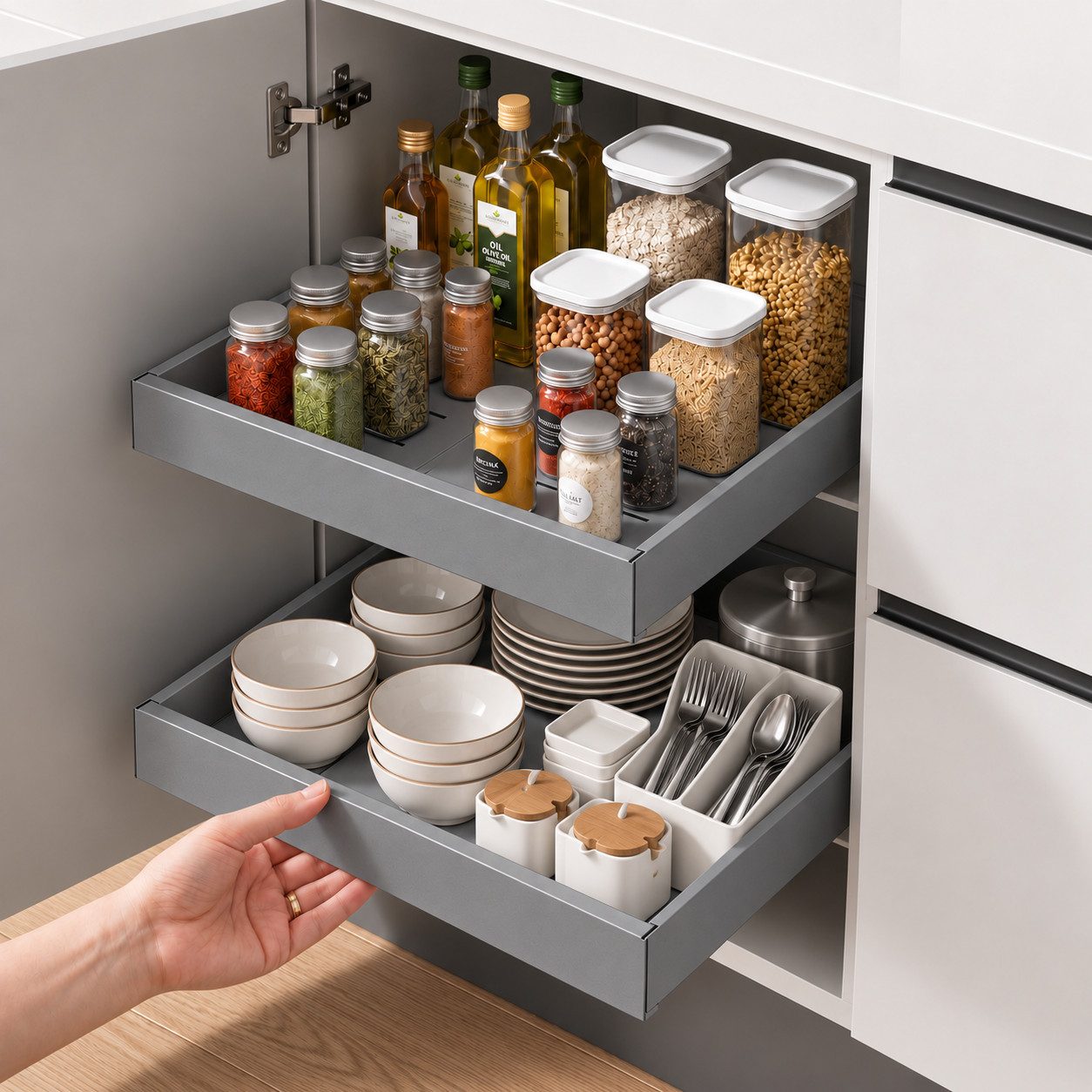 VIVREAL Küchenorganizer-Set Teleskopschublade küche, Besteckkasten für schubladen, ohne Bohren, (2-tlg), Flexibel 32–52 cm, bis 15 kg belastbar, für Küche Speisekammer