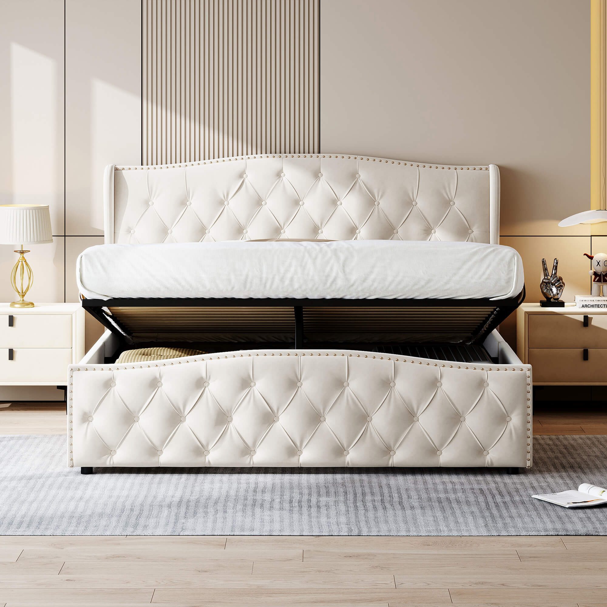 Gdood Polsterbett Stauraumbett Doppelbett Chesterfield Steppung (Hydraulisch hebbarer Stauraum), Mit Bettkasten, Lattenrost, Samt, 160x200 cm – Bild 4 von 5