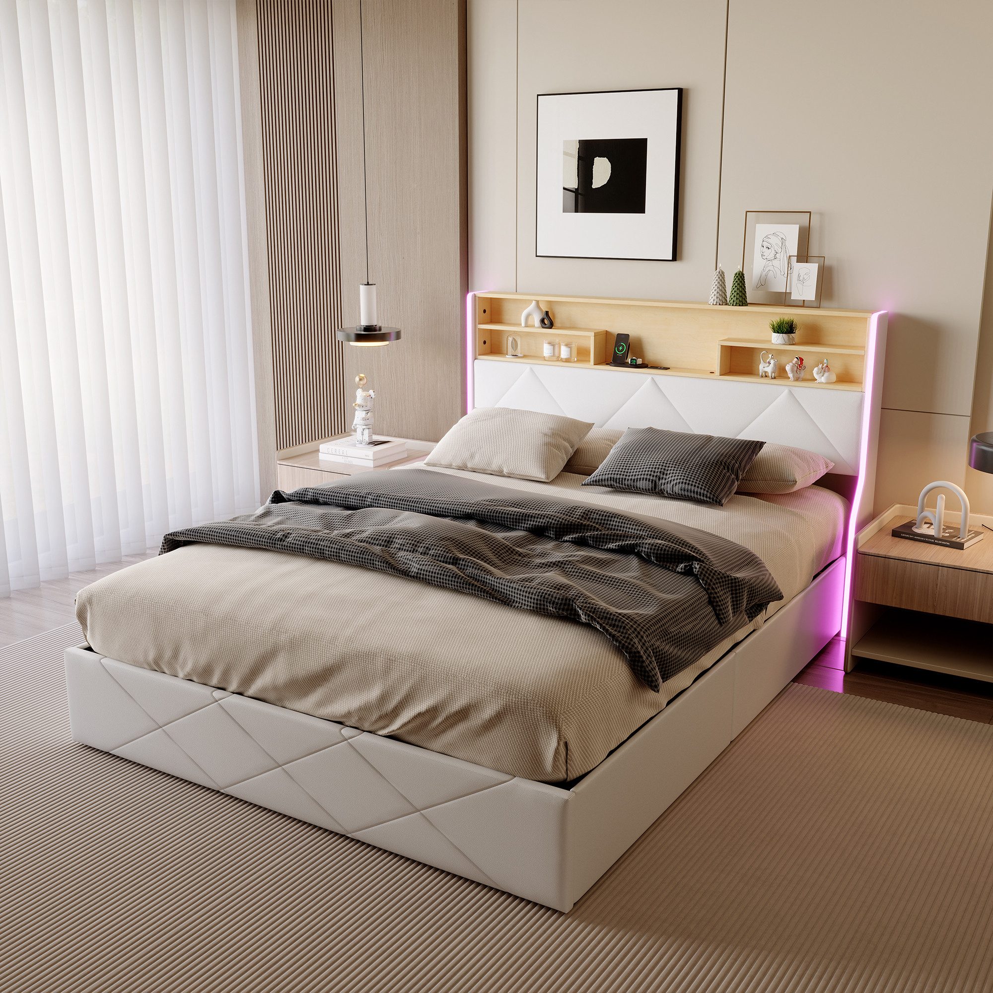 ADWOLT Stauraumbett Polsterbett mit LED-Beleuchtung und Lattenrost, hydraulischen Doppelbett mit USB und Type-C,Jugendbett 160x200cm,Weiß