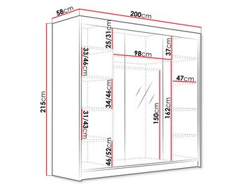 MIRJAN24 Kleiderschrank Evo VI (mit drei Schwebetüren) 200x58x215 cm, Frontspiegel 3 mm