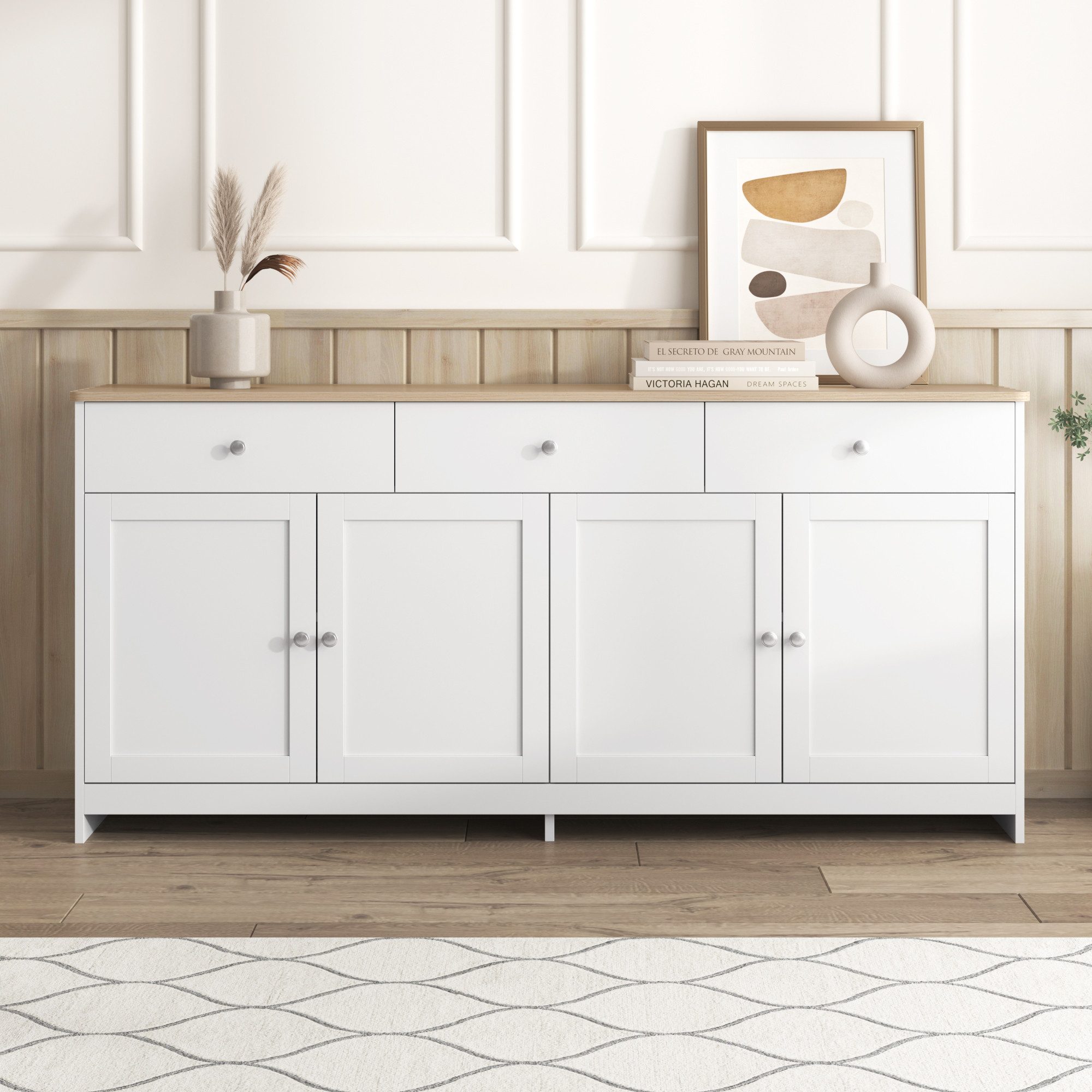 STILVORA Sideboard mit Schubladen,Beistellschrank Aufbewahrungsschrank mit Regalböden (mit weißer Holzmaserung, vier Türen, mit drei Schubladen, 1 St., Wohnzimmer, Esszimmer. Holzfarbe und Weiß)