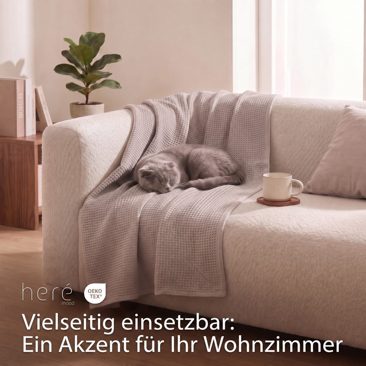 herémood Tagesdecke aus 100% Baumwolle – Wohndecke Elegante Waffelpique Kuscheldecke, für Sofa & Bett, atmungsaktiv & pflegeleicht – 150x200 cm BEIGE