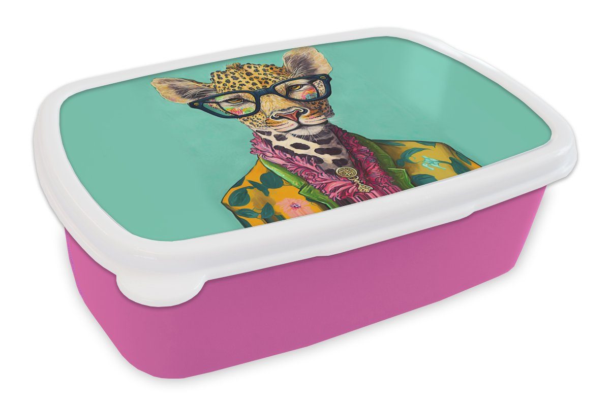 Snackbox, - Lunchbox Erwachsene, Kunststoff Design, - - Kinder, Mädchen, Tiere für Kunststoff, MuchoWow Giraffe Brille Brotdose (2-tlg), rosa Brotbox - Blätter