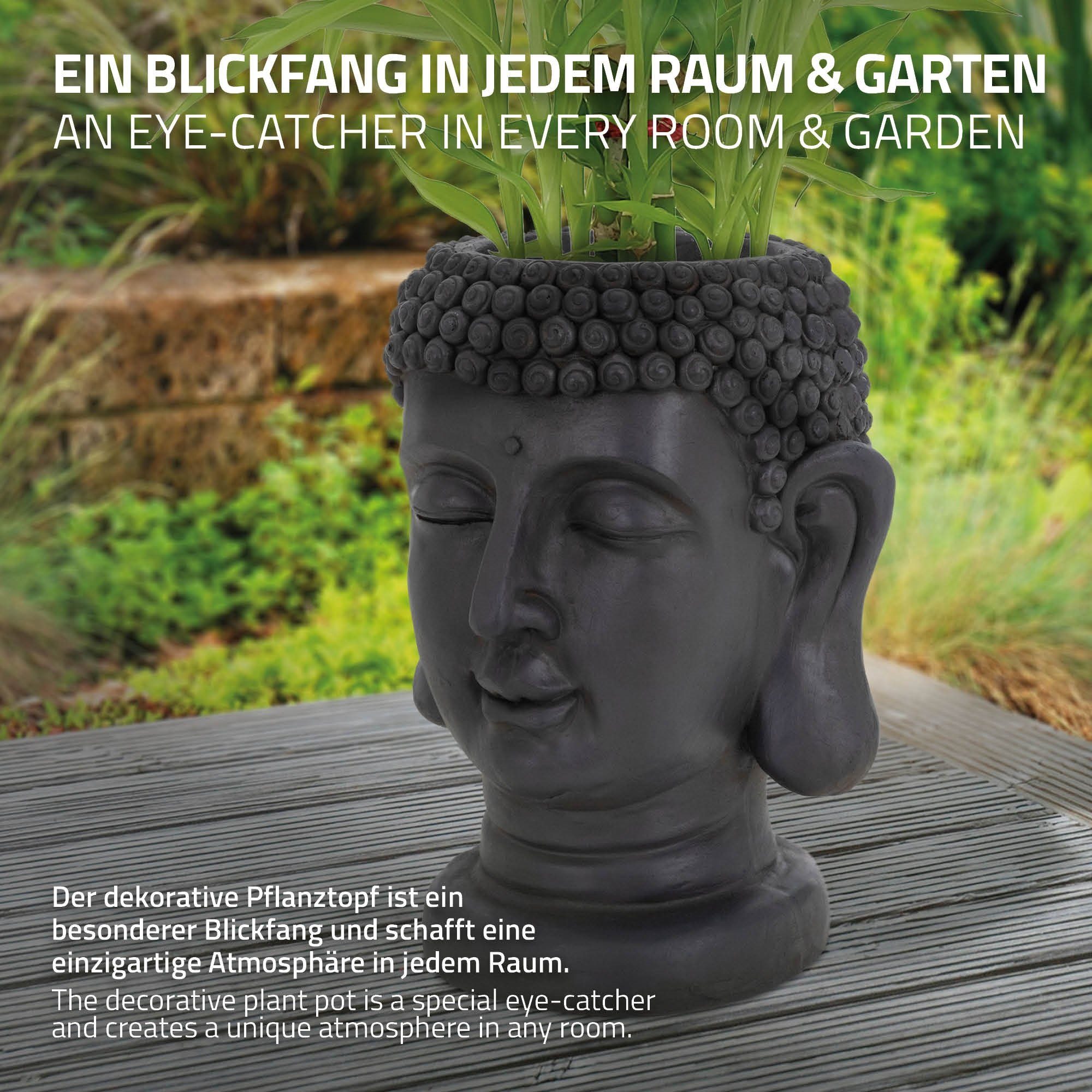 Buddha Innen-Außenstatue Übertopf, Harz Anthrazit 19x20x34cm Büste Pflanztopf Skulptur Kopf ML-DESIGN Figur massiv Groß Blumentopf Pflanzgefäß