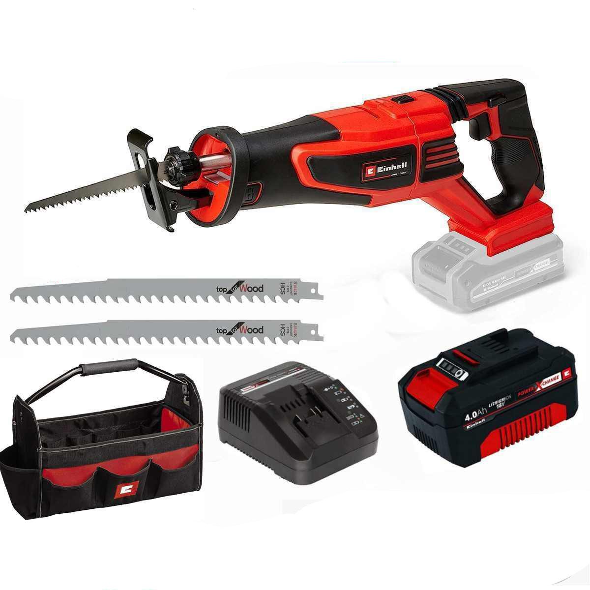 Einhell Akku-Säbelsäge säge TP-AP 18/28 Li BL+Akku 4.0 Ah Lader + 2 Sägeblätter + Bag