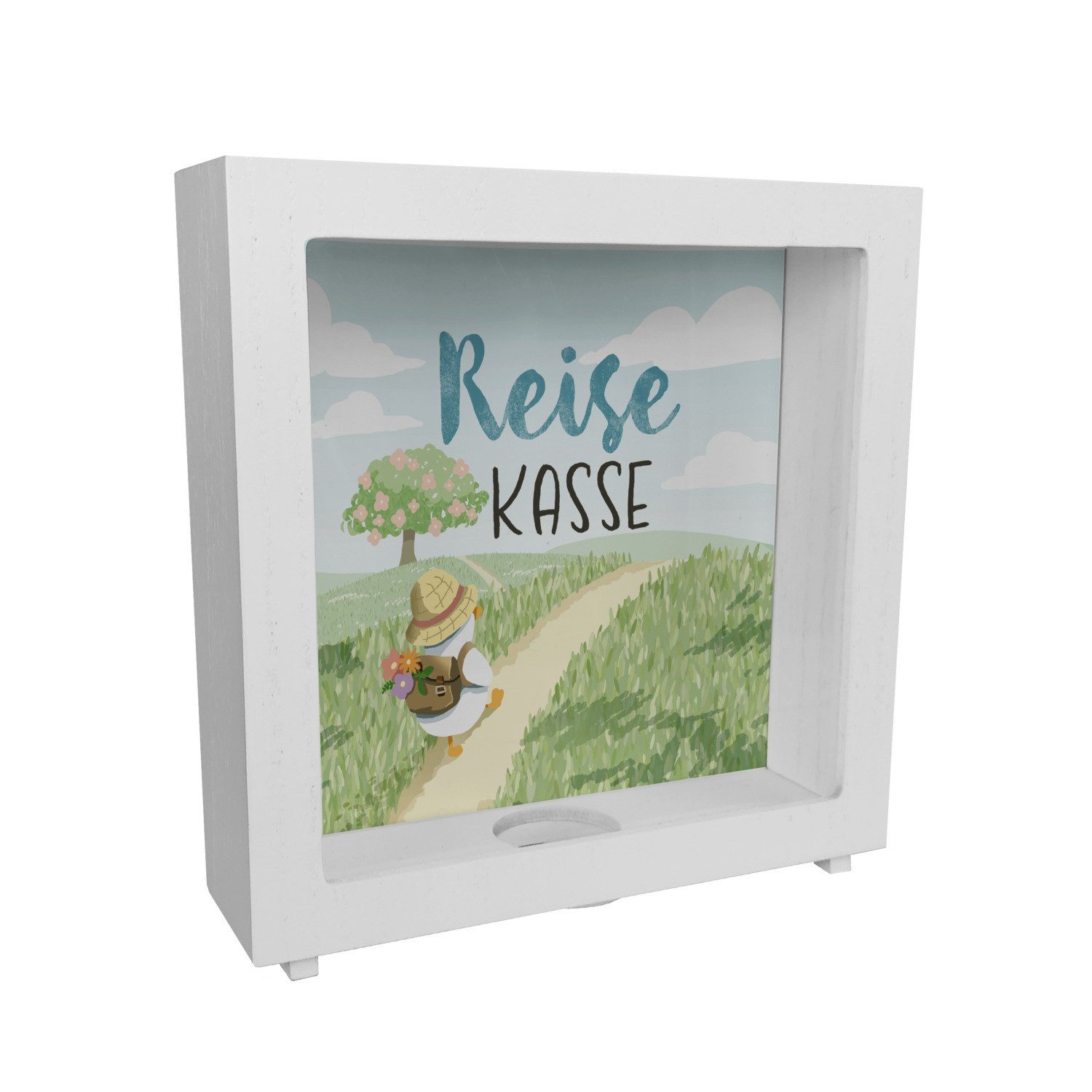 Spardose Ente auf Reisen Rahmen Spardose aus Holz mit Spruch Reisekasse