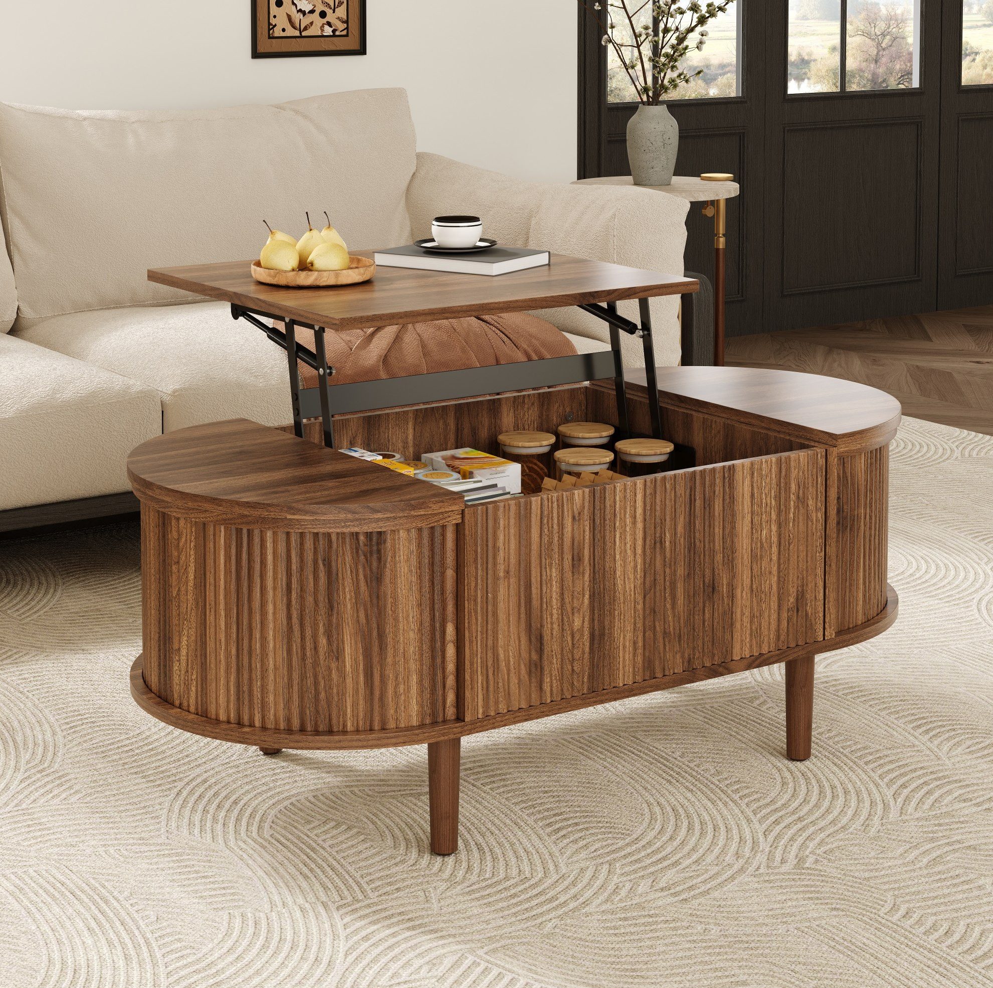 MODFU Couchtisch Stabiler Aufbewahrungstisch mit Hebefunktion & Stauraum (Packung, 1-St., Walnuss, Massivholzbeine, für Wohnzimmer & Büro), 100×53,5×48 cm, Klappdeckel, MDF