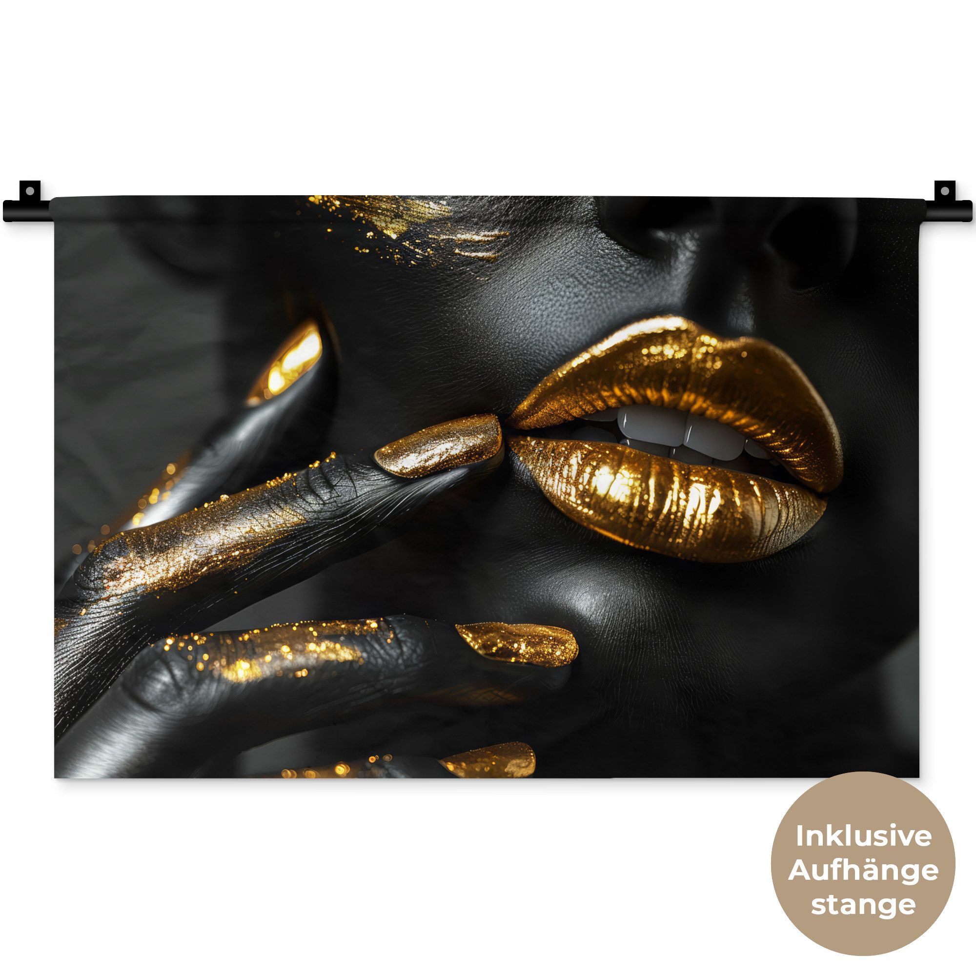 MuchoWow Wandteppich Lippen - Gold - Abstrakt - Schwarz - Frau, Rechteckig, Höhe: 3 mm, Wandteppich für Wohnzimmer, Schlafzimmer, 60x40 cm