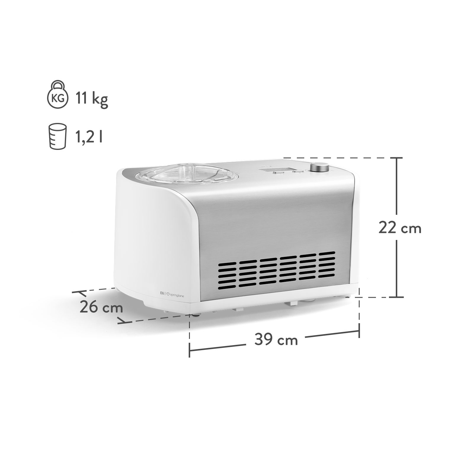 Springlane Eismaschine Elli selbstkühlend - Kompressor & LCD-Display, 1,20 l, 135,00 W, Eiscreme in 45 Min - Eiscrememaschine aus Edelstahl
