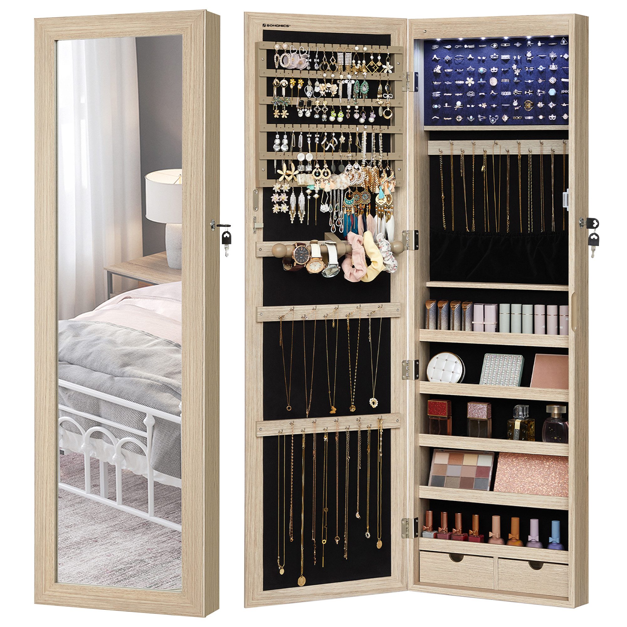 SONGMICS Schmuckschrank Spiegelschrank Wandspiegel Schmuck-Organizer mit LE günstig online kaufen