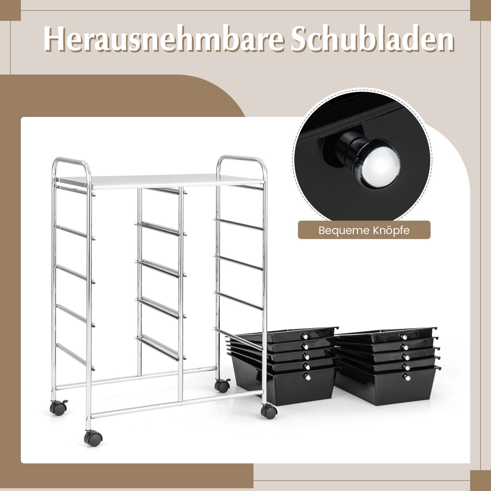 65,5x37x87cm stapelbaren COSTWAY 10 Schubladen&Ablage, mit Rollwagen, Metall, Schwarz