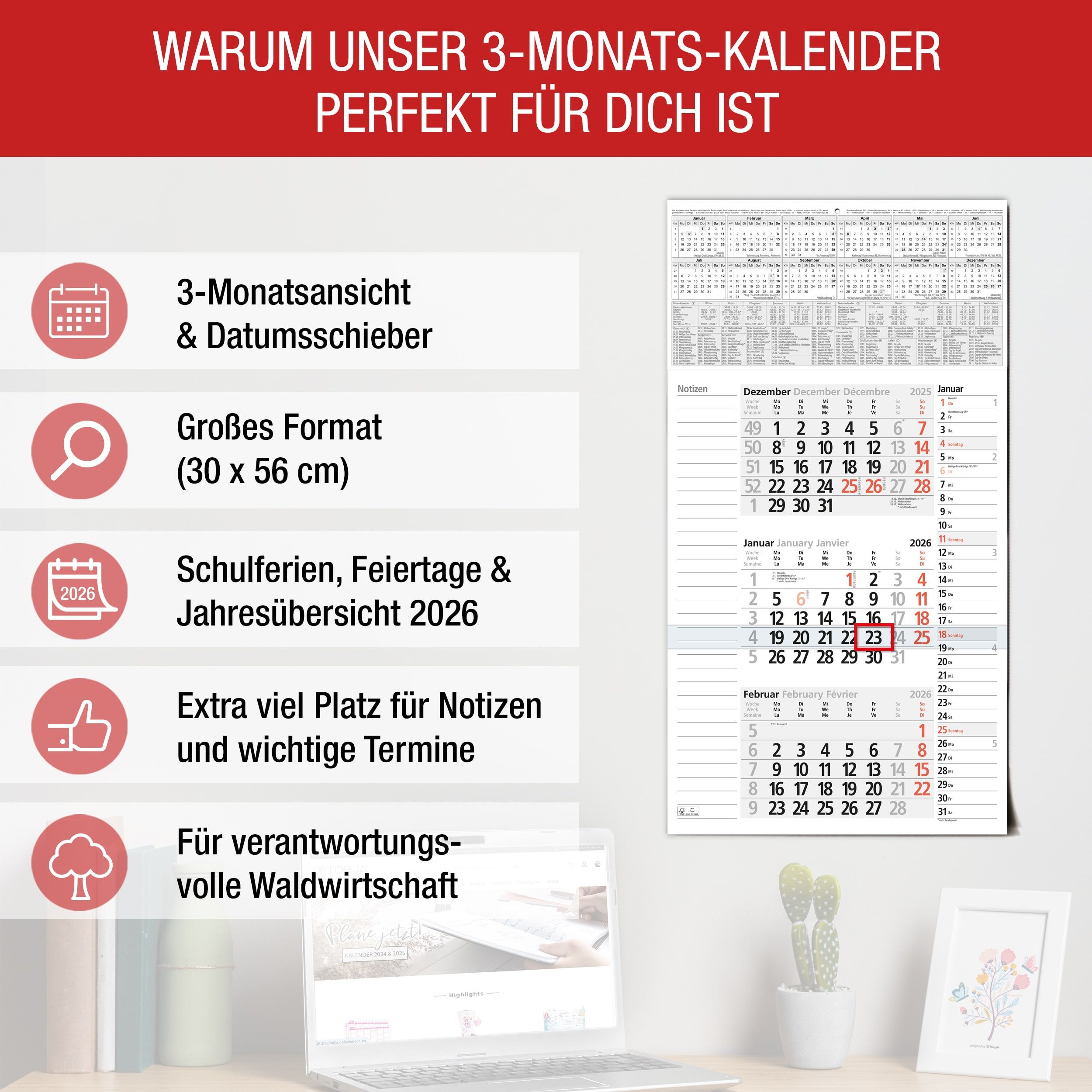 Thumbnail - TOBJA Wandkalender 3 Monatskalender 2026 Wandkalender mit Schieber, Notizfelder, Kalender 2026 Wandkalender, gefalzt!