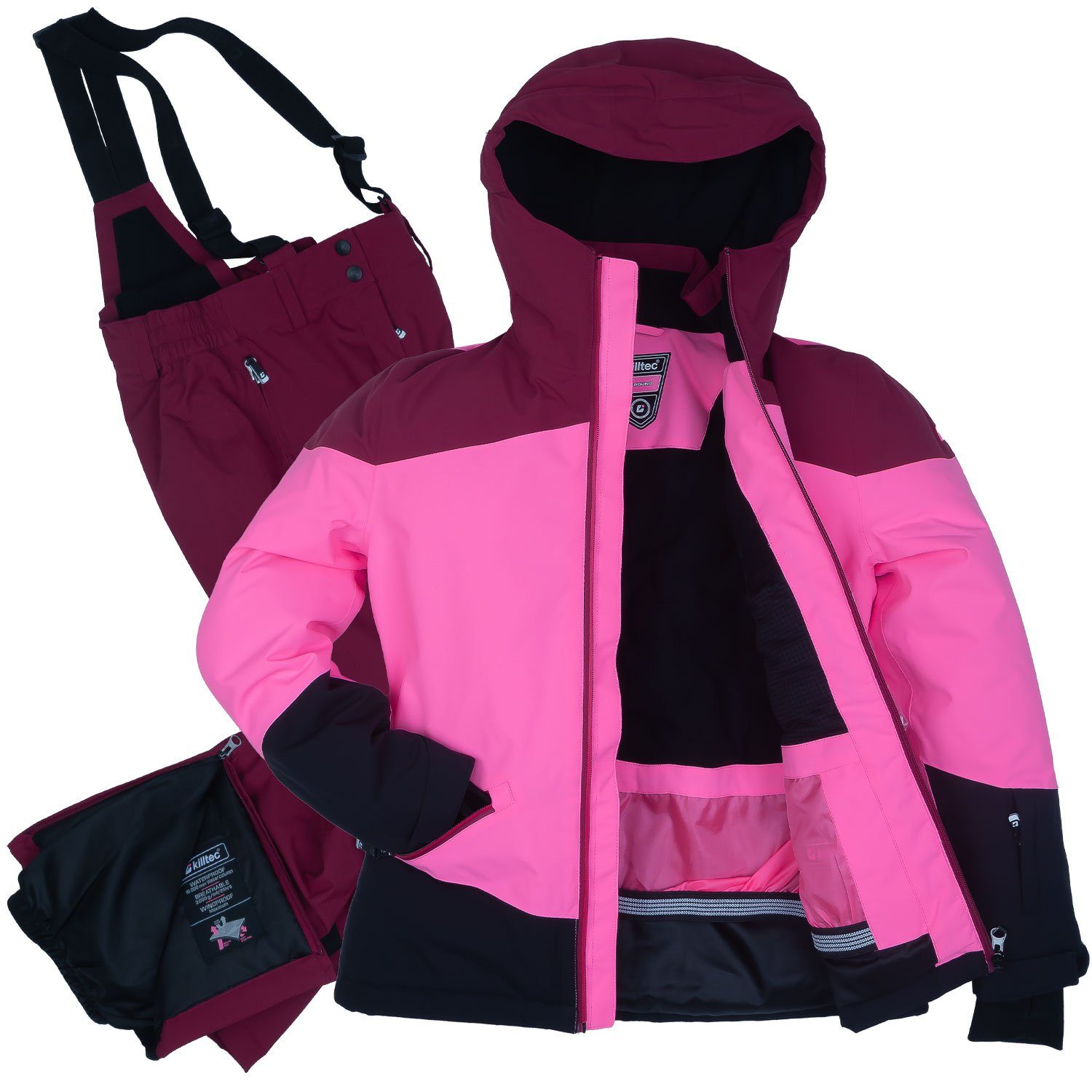 Killtec Skianzug Mädchen Skijacke + Skihose (Gr. 176, pink/himbeere), Schneefang - Kinschutz -Skipasstasche - abnehmbare Hosenträger